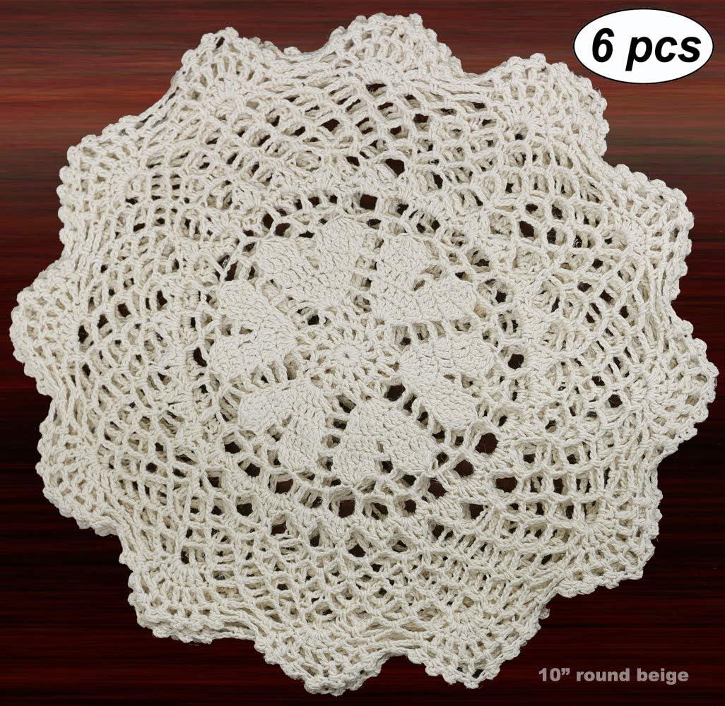 6PCS 10 Inch Round Handmade Cotton Crochet Lace Doilies with Beige, Set of 6 Pieces For Valentine's Day, Mother's Day, Wedding Decoration