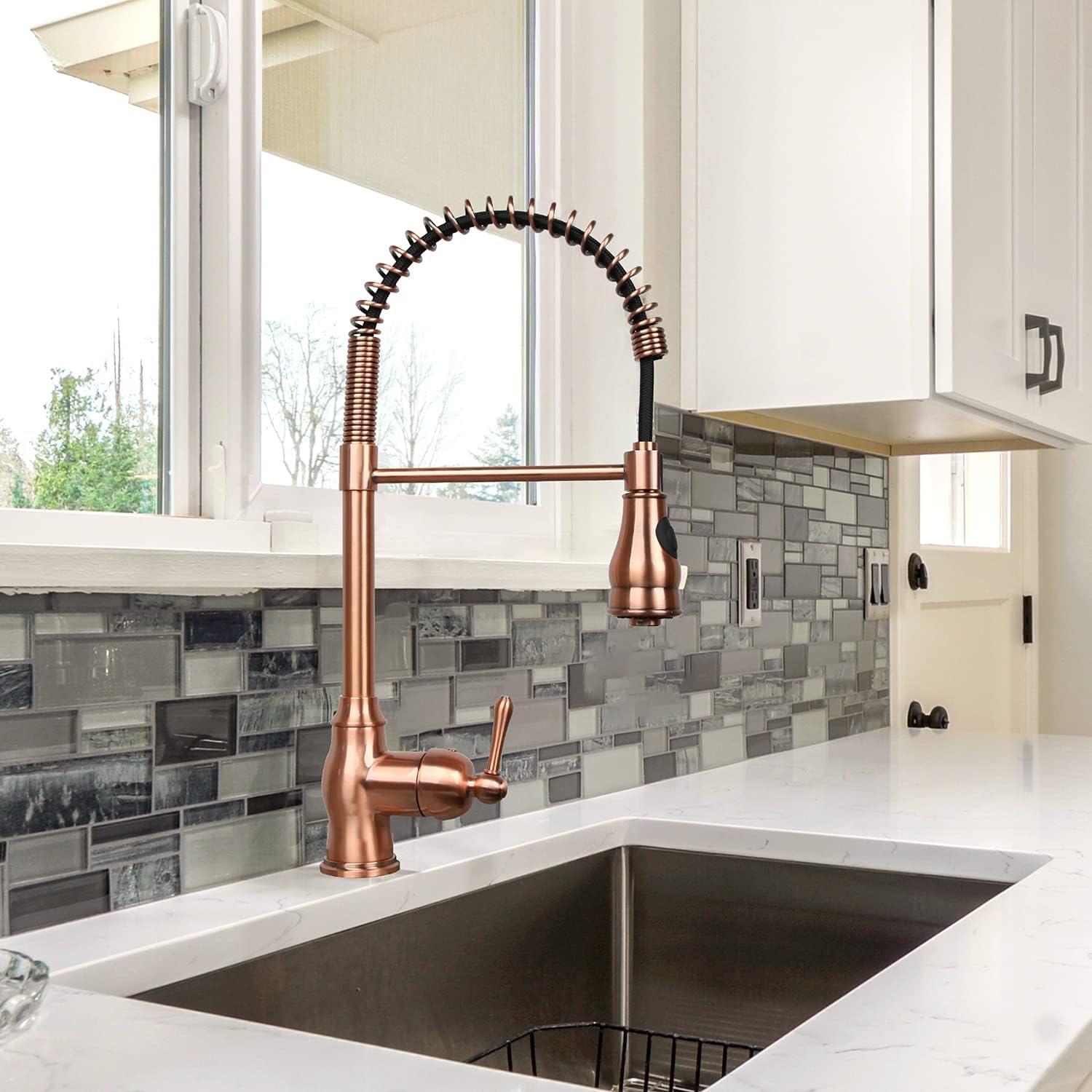 Akicon Pre-Rinse Spring Kitchen Faucet, Single Level with Pull Down Sprayer Copper Copper Finish