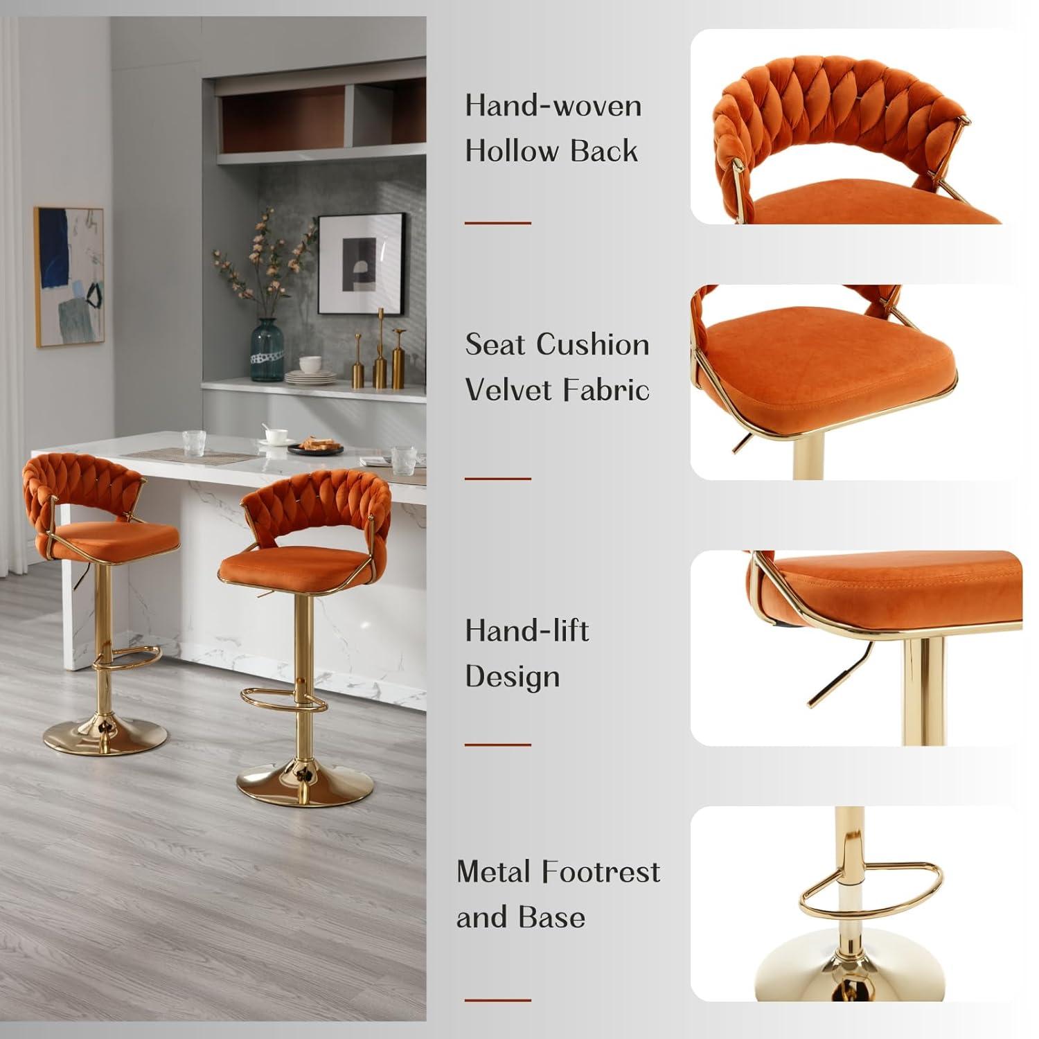 Modern Velvet Adjustable Swivel Bar Stools Set of 2 Orange