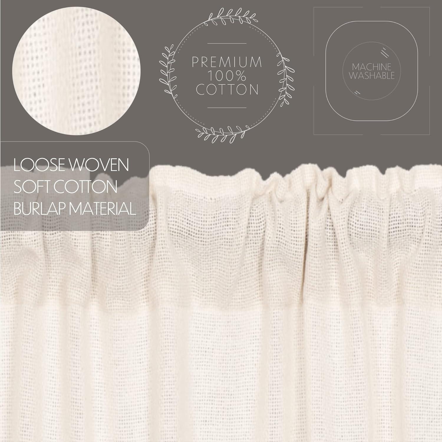 VHC Brands Burlap Chocolate Solid Color Cotton Farmhouse Kitchen Curtains Rod Pocket Drawstring Ties Prairie Swag Pair, Antique White
