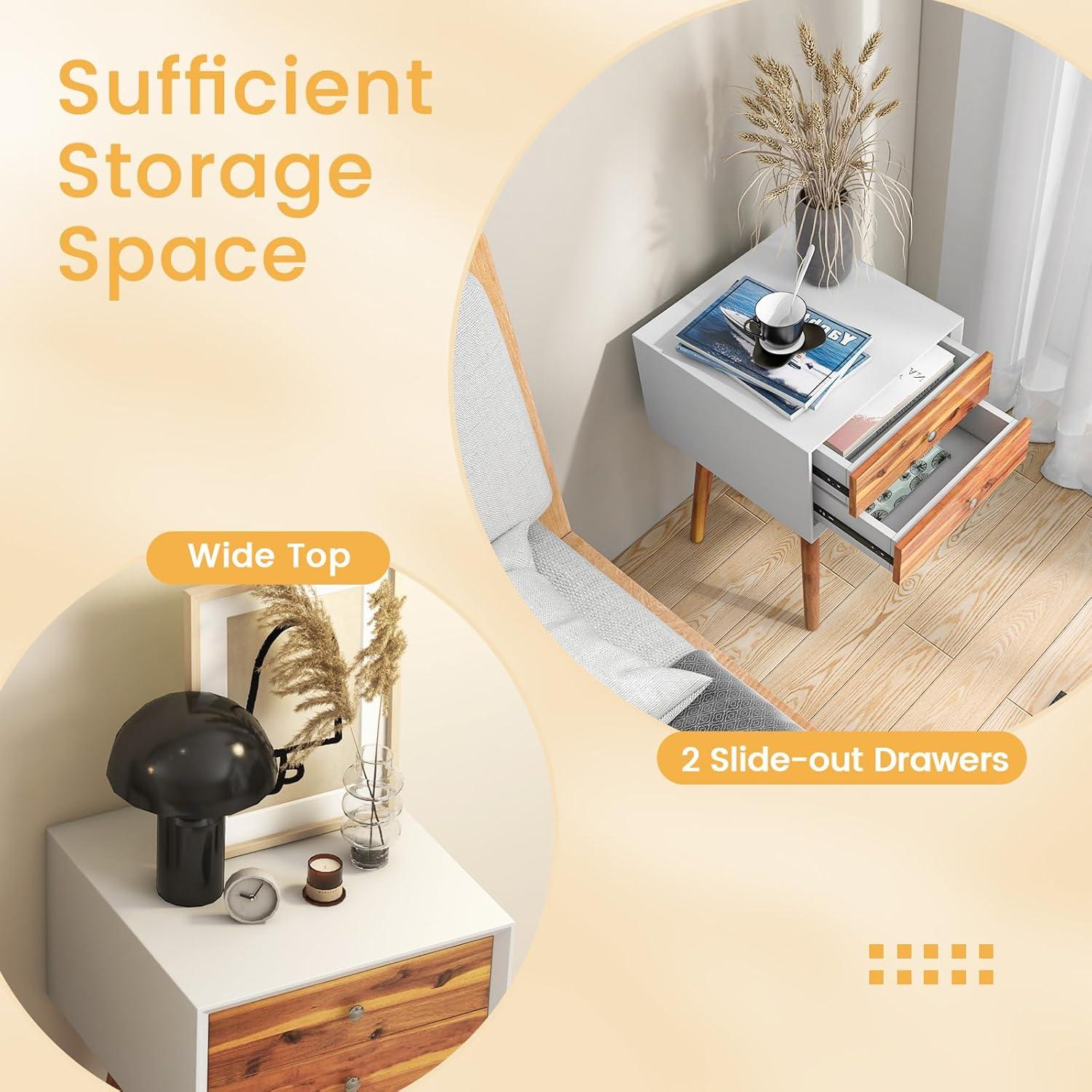 Giantex Mid Century Modern Nightstand, Wooden Bedside Tables w/ 2 Storage Drawers & Solid Wood Legs, Practical End Side Table for Living Room Bedroom, White & Walnut