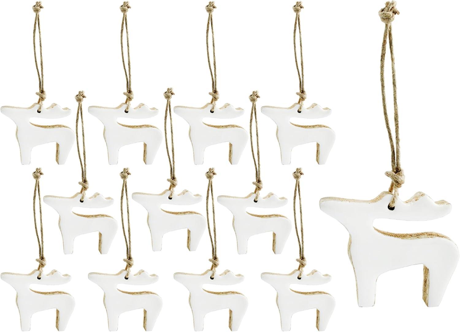 AuldHome Design White Reindeer Christmas Ornaments 12pk; Rustic Farmhouse Wood w/ Enamel Tree Decorations, Retro Vintage Enamelware Style