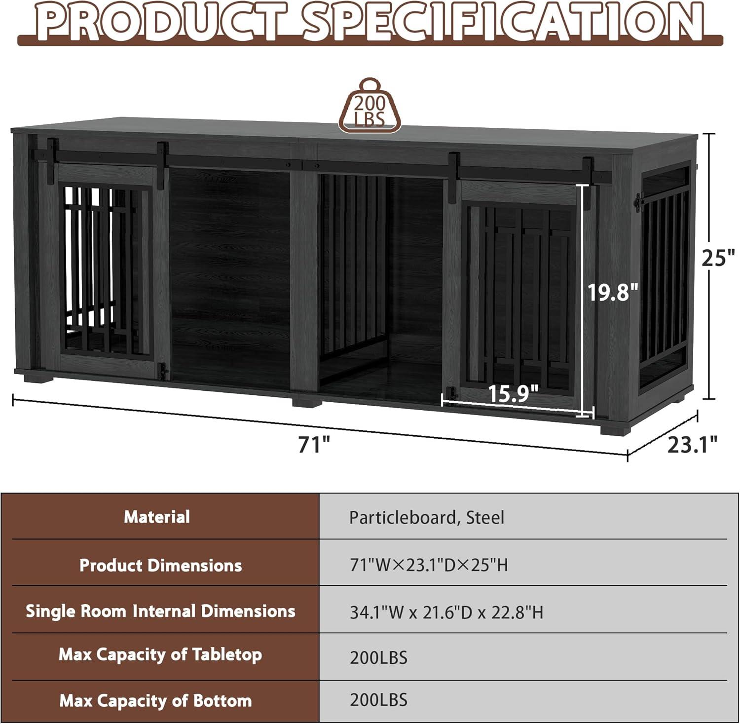 Tucker Murphy Pet™ Large Dog Crate Furniture for 2 Dogs, 71.6'' Steel Frame Dog Crate with Double Doors, Heavy Sturdy Dog Kennel