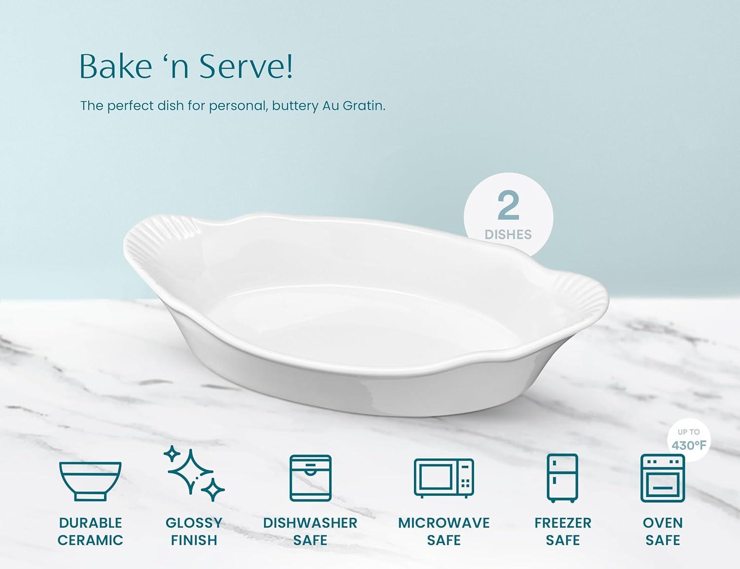 Kook Ceramic Au Gratin Baking Dishes, Set of 6, 18 oz, White 10 in