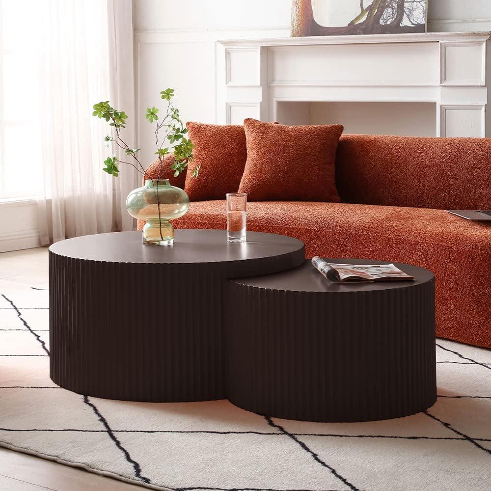 MCPRST Nesting Coffee Table Set of 2, Handcraft Round Coffee Table with Small End Table, Solid Wood Accent Table for Living Room Bedroom Apartment, Walnut