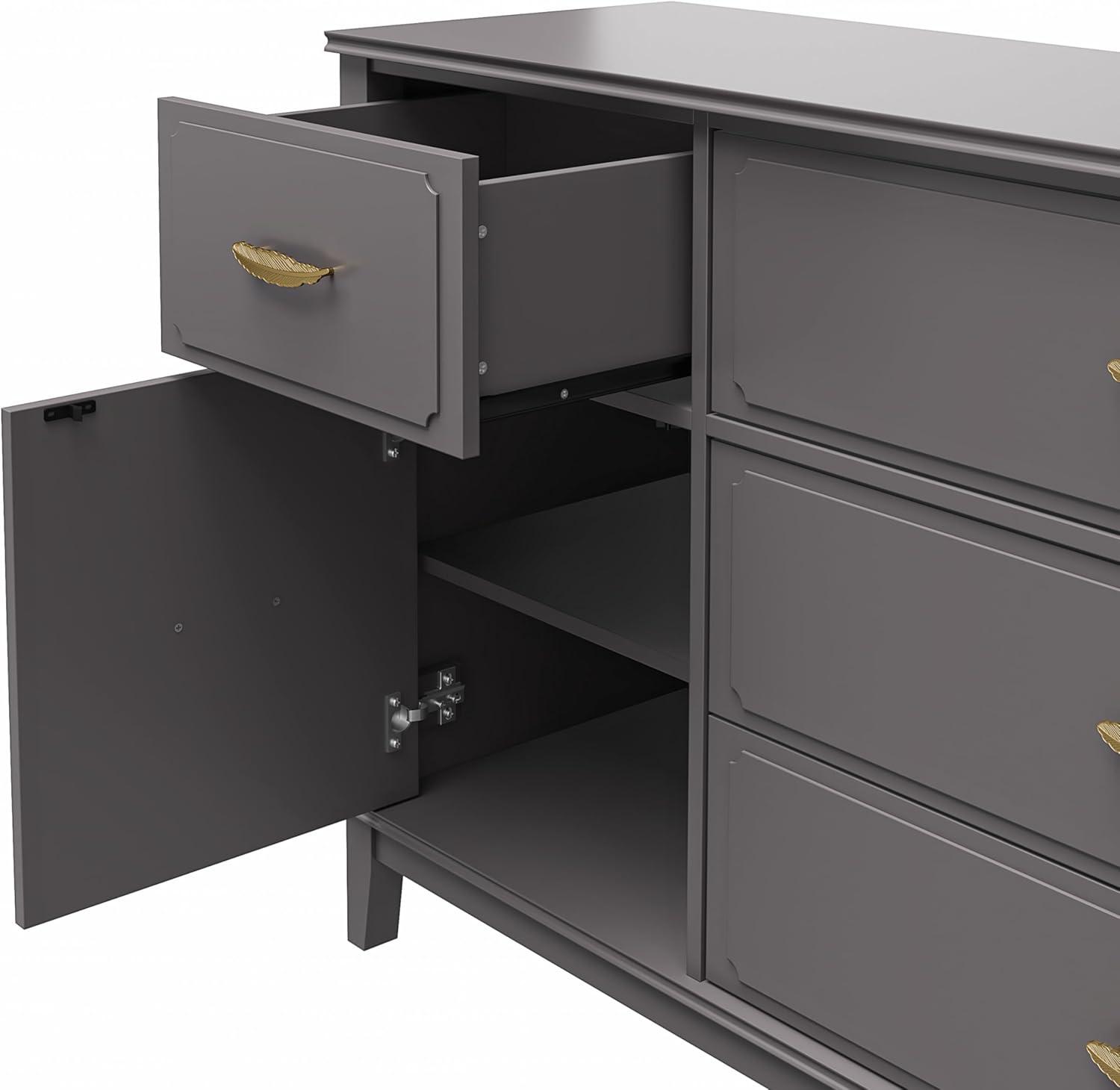 Graphite Gray Glam Wide Dresser with Gold Feather Pulls