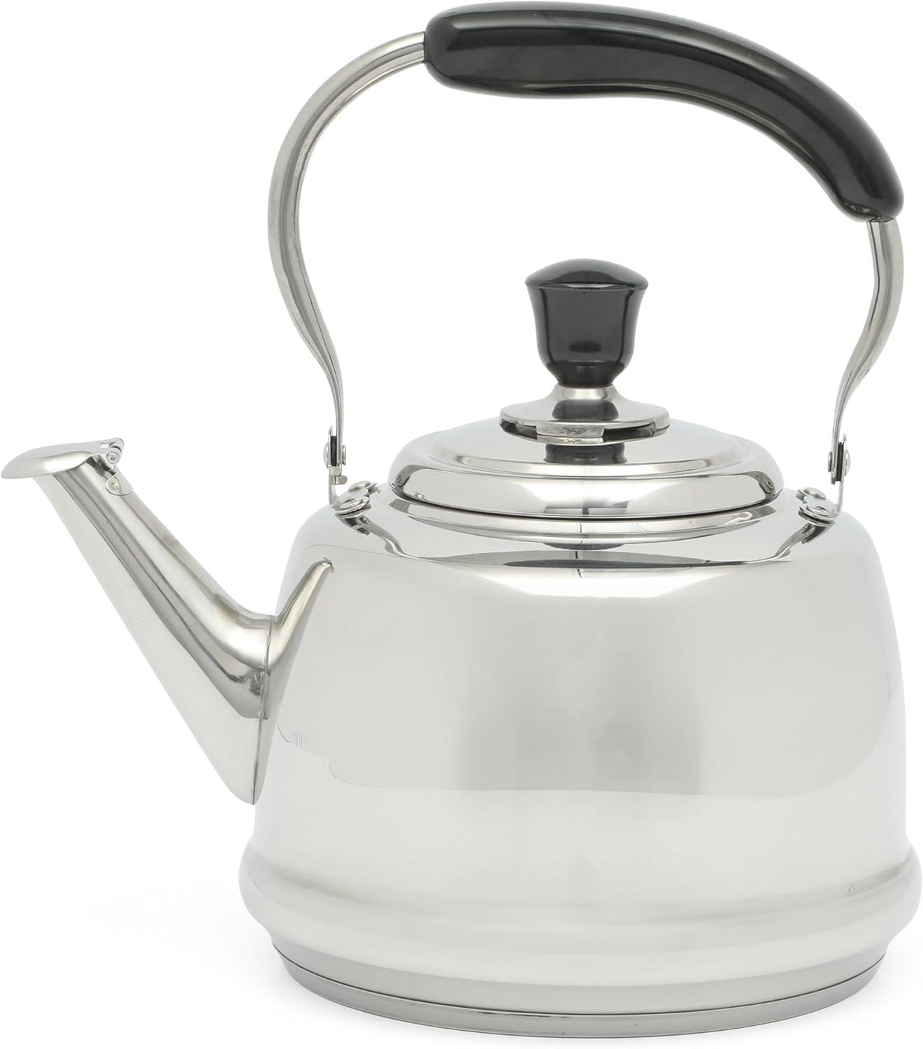 Large Stainless Steel Whistling Tea Kettle with Black Handle