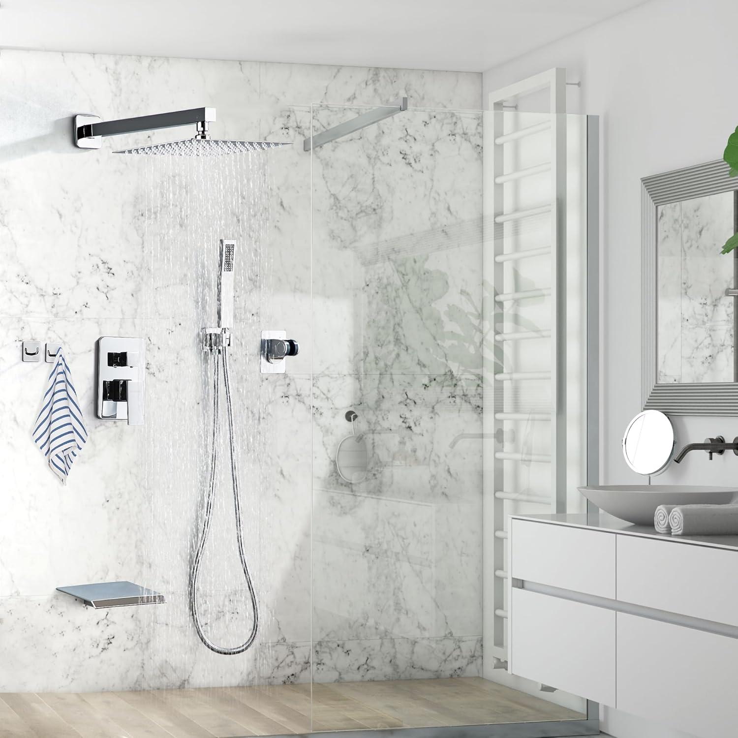 Shower System Shower Faucet Combo Set Wall Mounted with 10" Rainfall Shower Head and handheld shower faucet, Chrome Finish with Brass Valve Rough-In