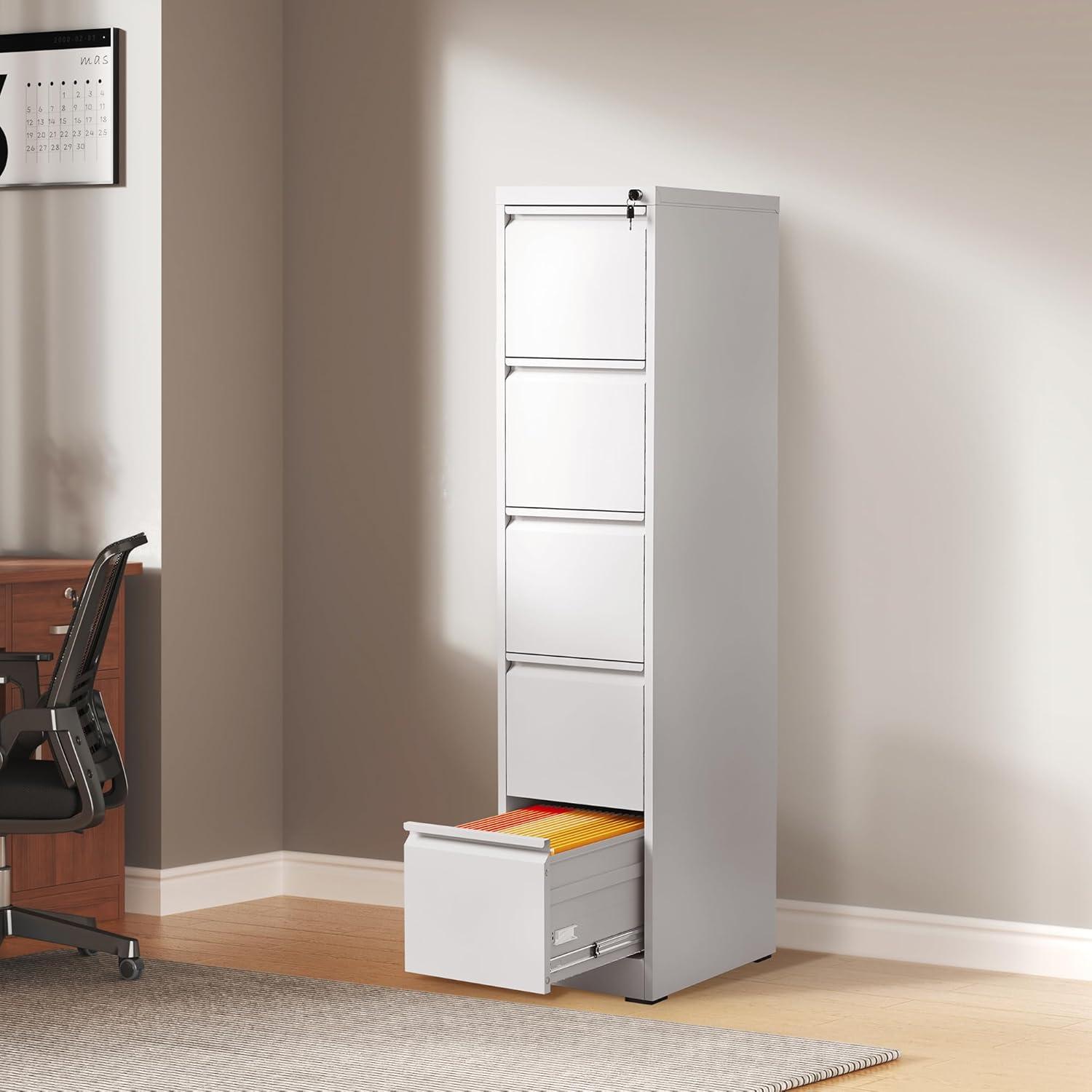 White Vertical 5-Drawer Lockable Metal Filing Cabinet