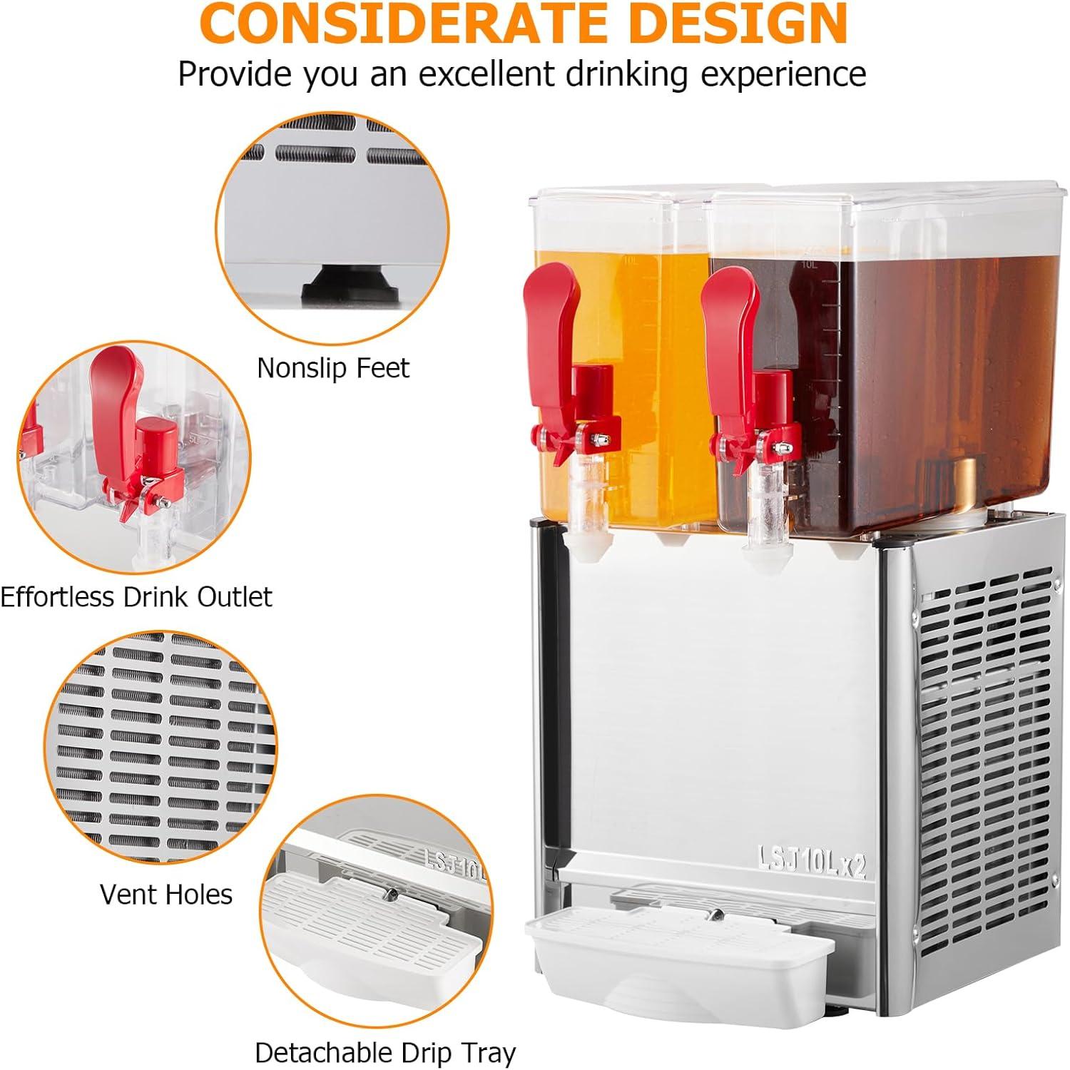 Commercial Beverage Dispenser, Towallmark 2 Tanks 5.28 Gallon 20L Commercial Juice Dispenser, 10 Liter Per Tank, 280W Stainless Steel Food Grade Ice Tea Drink Dispenser with Thermostat Controller
