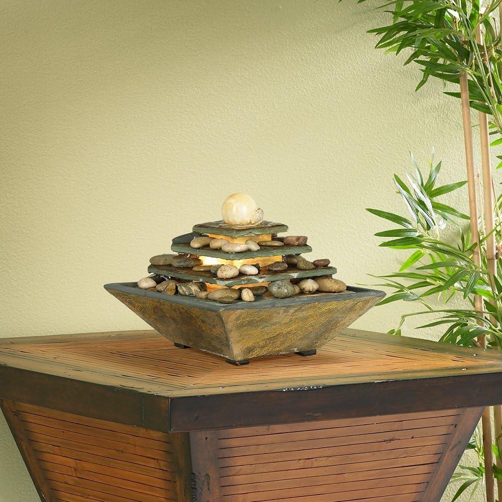 John Timberland Four Tiers Rustic 4 Tier Slate Stone Indoor Tabletop Water Fountain with LED Light 9" for Table Office Desk Home Bedroom Living Room