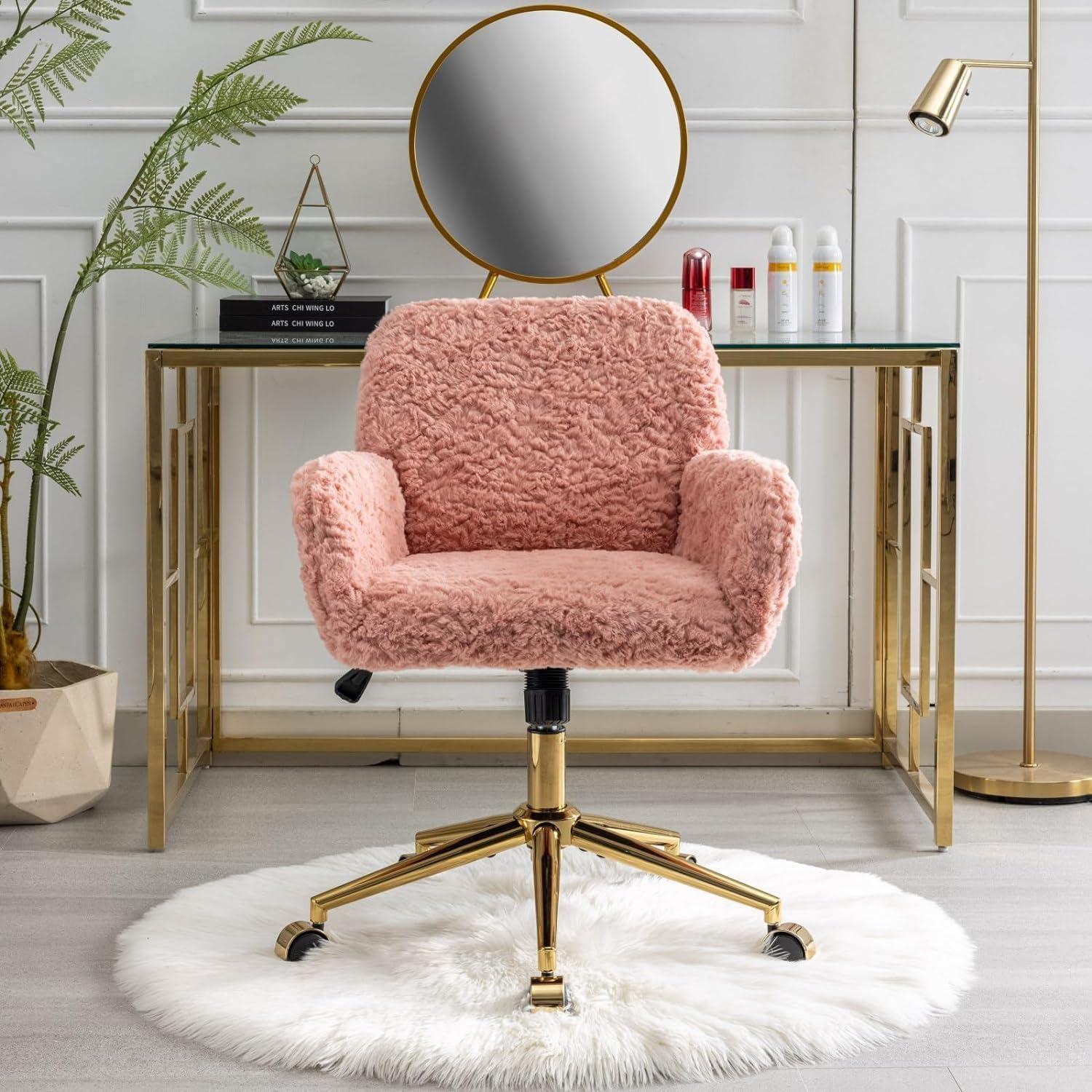 Pink Artificial Rabbit Fur Home Office Chair, Adjustable Swivel Desk Chair with Gold Metal Base and Wheels - The Pop Home
