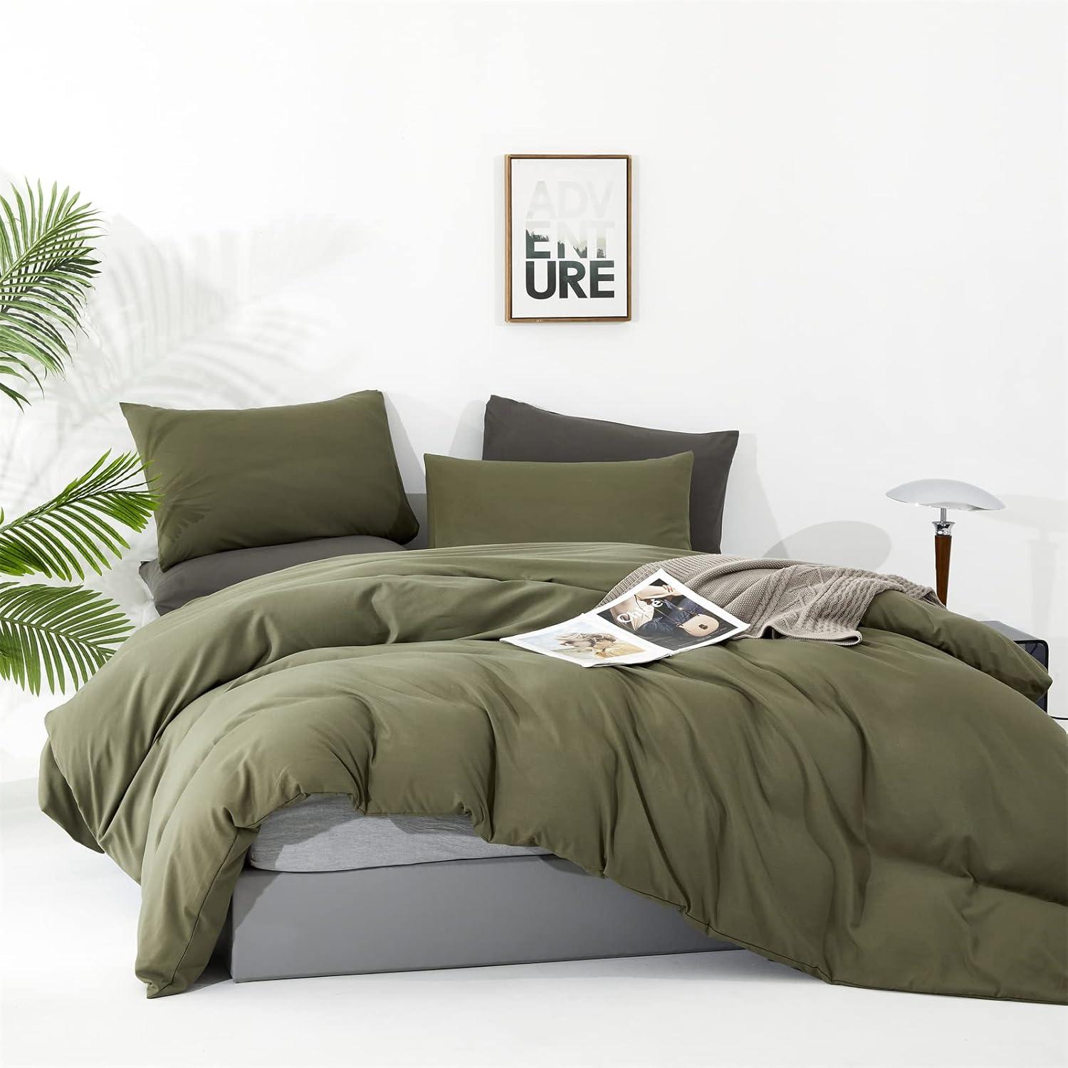 3 Piece 100% Washed Cotton Army Green Duvet Cover Set Luxury Soft and Breatheable Bedding Set with Zipper Closure,Queen Size