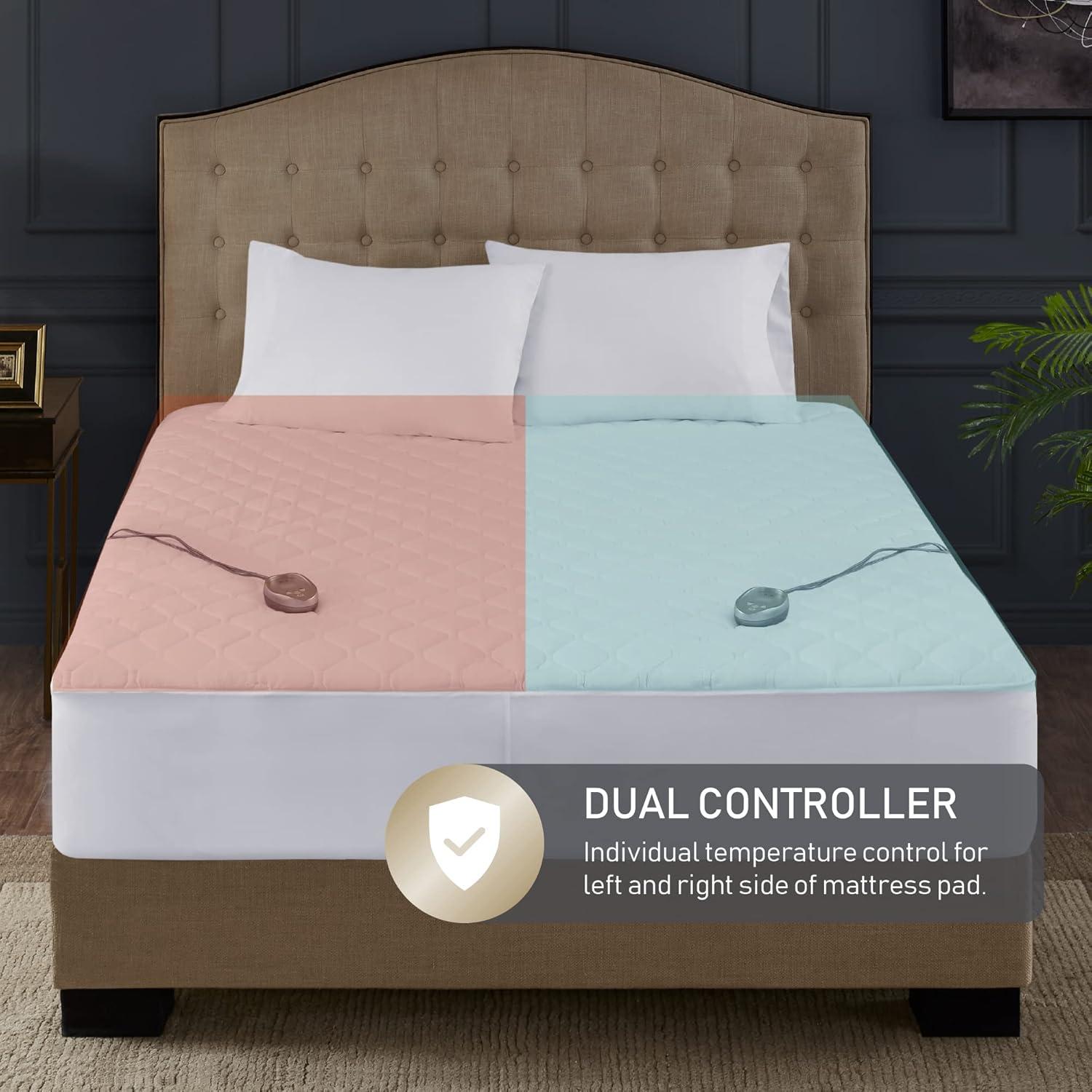 King Size White Cotton Heated Mattress Pad with Dual Control