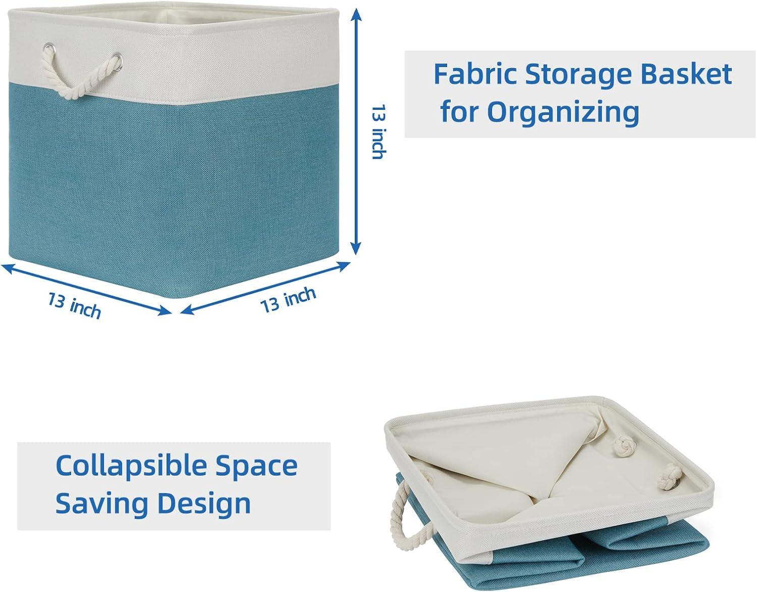 Tegance 13x13 Storage Cubes Baskets 4 Pack Fabric Cube Storage Bins Large Storage Baskets with Leather Handles,Decorative Storage Boxes for Organizing Shelves(WhiteGreen)