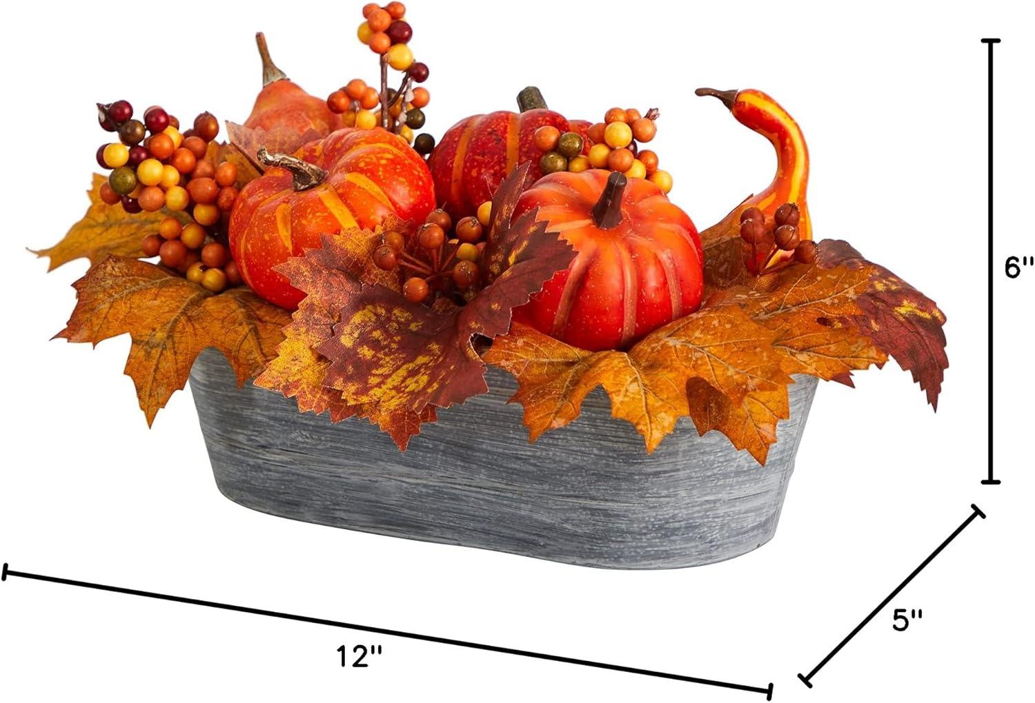 Nearly Natural 12-in Fall Pumpkin and Berries Autumn Harvest Artificial Arrangement in Washed Vase