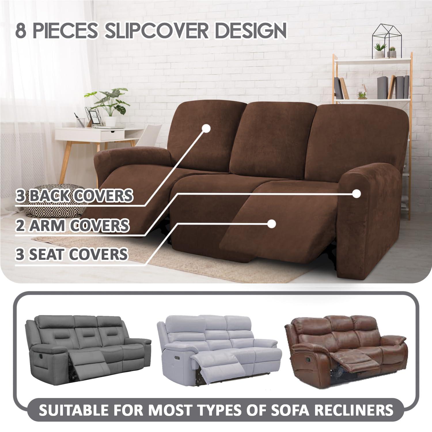 ULTICOR Velvet 8-Pieces Recliner Sofa Covers Stretch Reclining Couch Covers for 3 Cushion Reclining Sofa Slipcovers Furniture Covers Thick Soft Washable (3 Seater Recliner Cover, Chocolate) 3 Seater Recliner Cover Chocolate