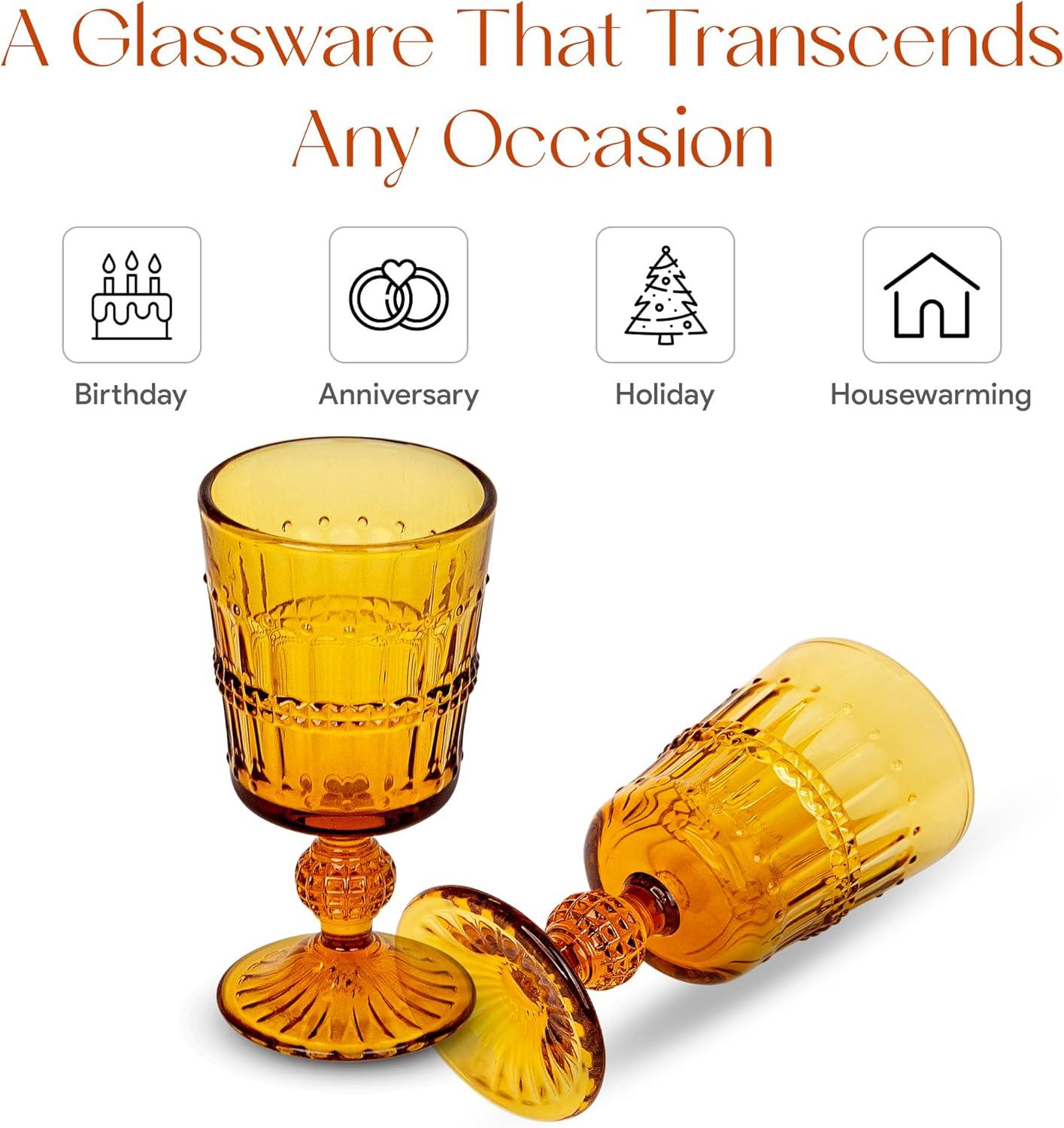 American Atelier Vintage Old Fashion 10 oz. Whiskey Glasses, Romantic Water Tumblers, Barware Glasses for Cocktails, Embossed Beaded, Set of 4, Amber