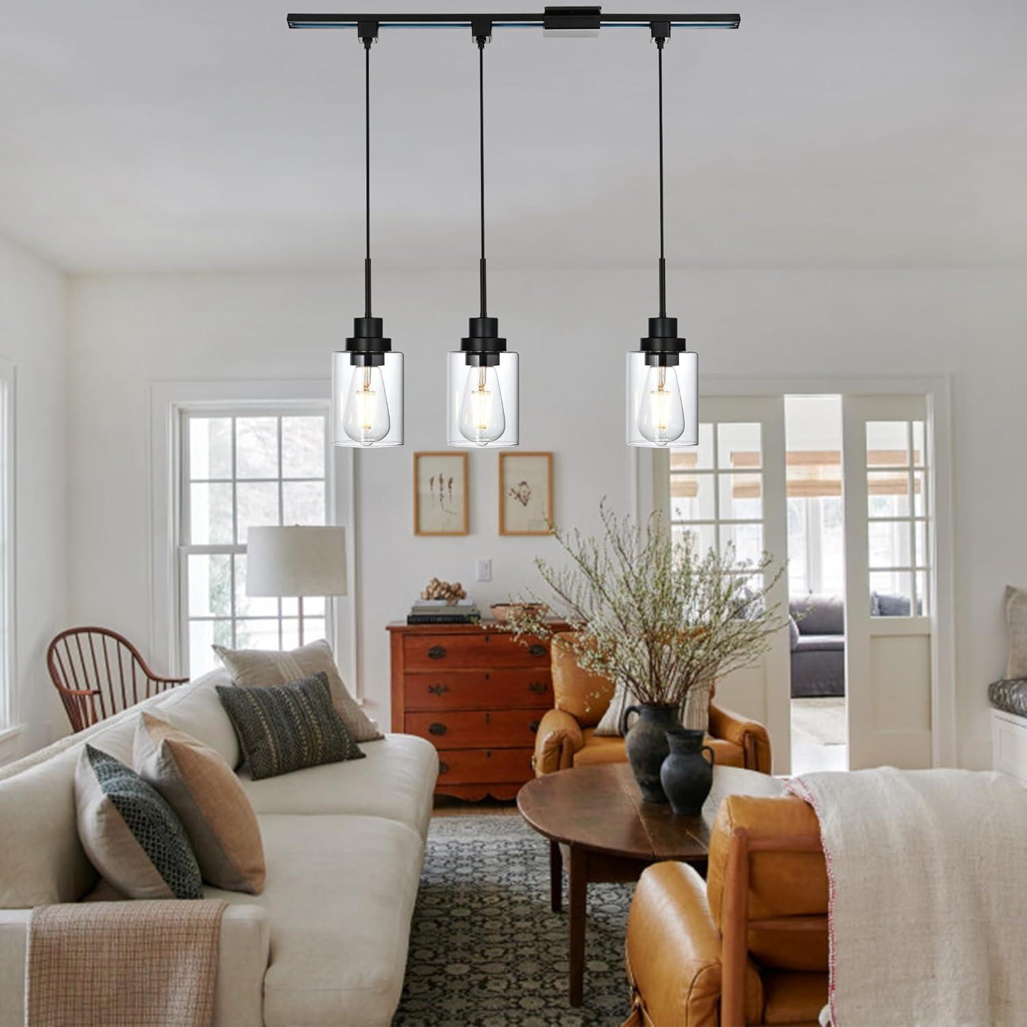 3-Pack H Type Track Lighting Pendants, Ceiling Track Hanging Light Fixture with Hand-Woven Rattan Shade, H-Type Tracking Boho Pendant Lighting Fixtures for Kitchen Island Dining Room, E26 Base