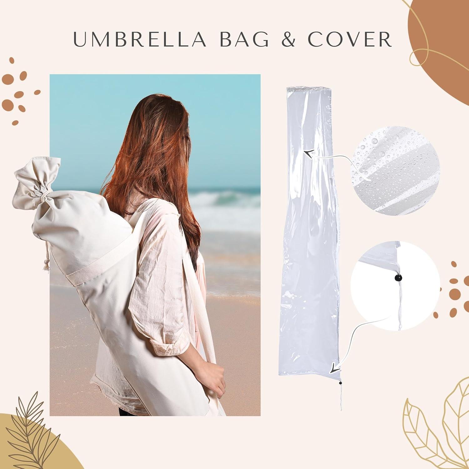 LAGarden 7' Patio Beige Umbrella with Tassels UPF50+ Boho Style 5-Year-Non-Fading for Outdoor,Model:BH7W-01P