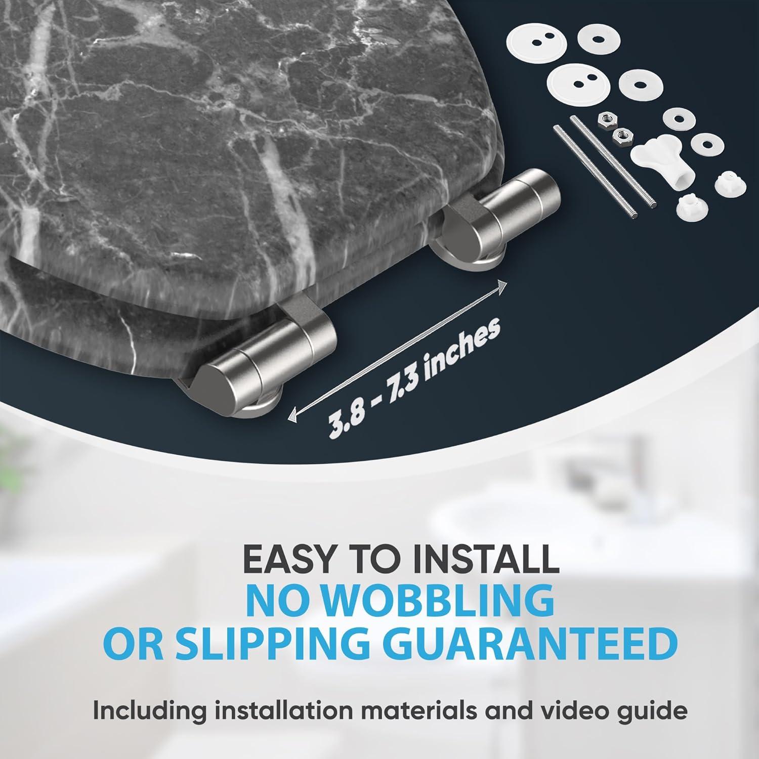 Sanilo Toilet Seat ROUND with Soft Close, Quiet and Slow Close Lid and Seat, Strong Bumpers and Hinges, Marble Gray