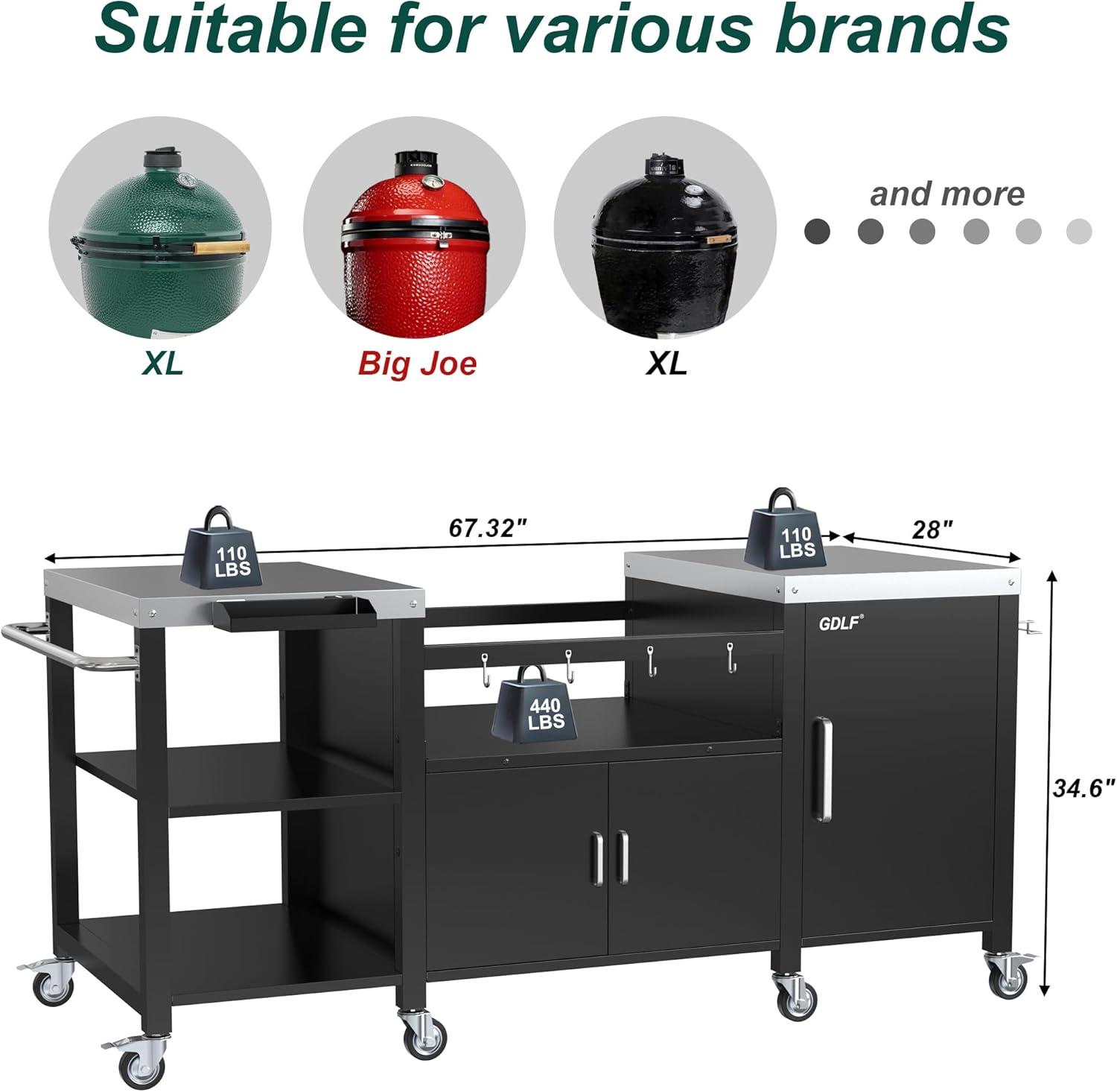 Heavy Duty Black Steel Outdoor Grill Table with Storage