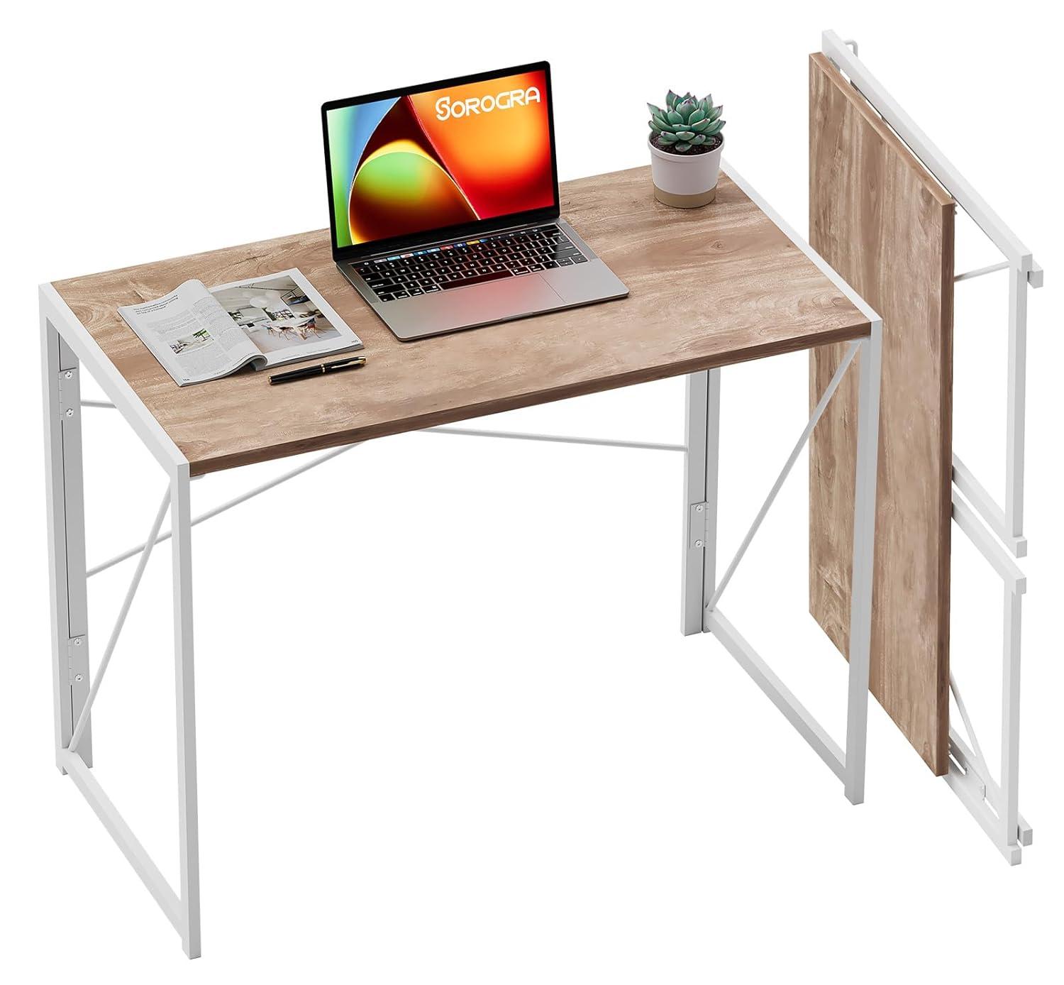 Coavas Folding Desk 31.5 inch Foldable Small Portable Computer Desks, Spaces Saving Writing Sturdy Table for Bedroom, Home Office, Dorm, Apartment, Pre Assembled, Oak