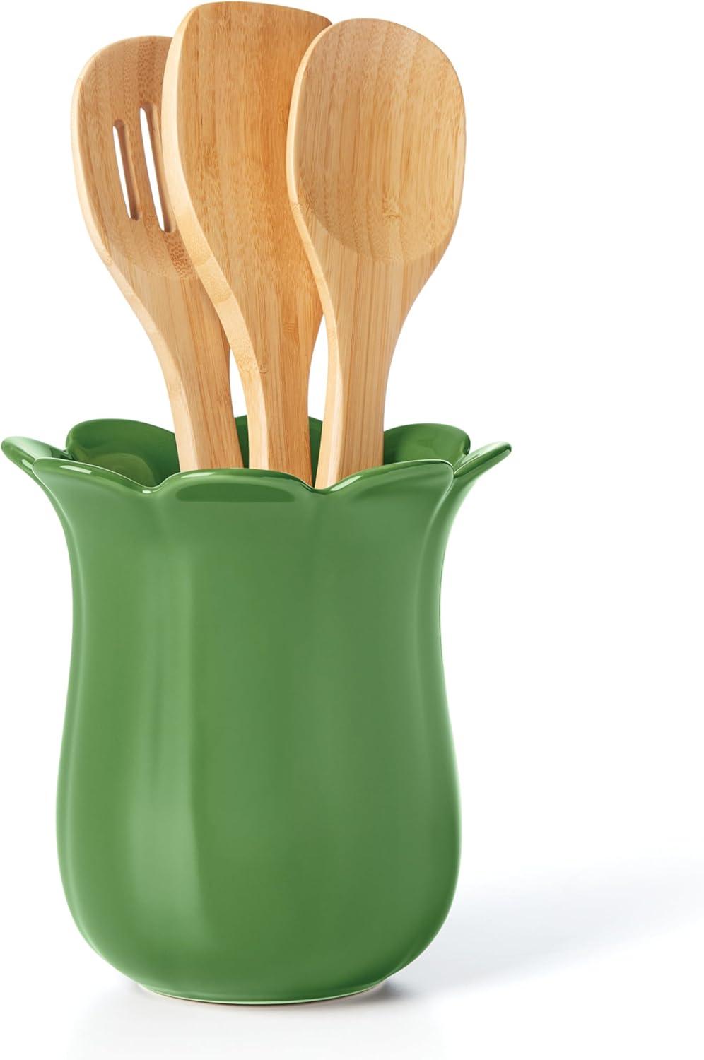 Green Ceramic Floral Utensil Crock with Light Wood Utensils