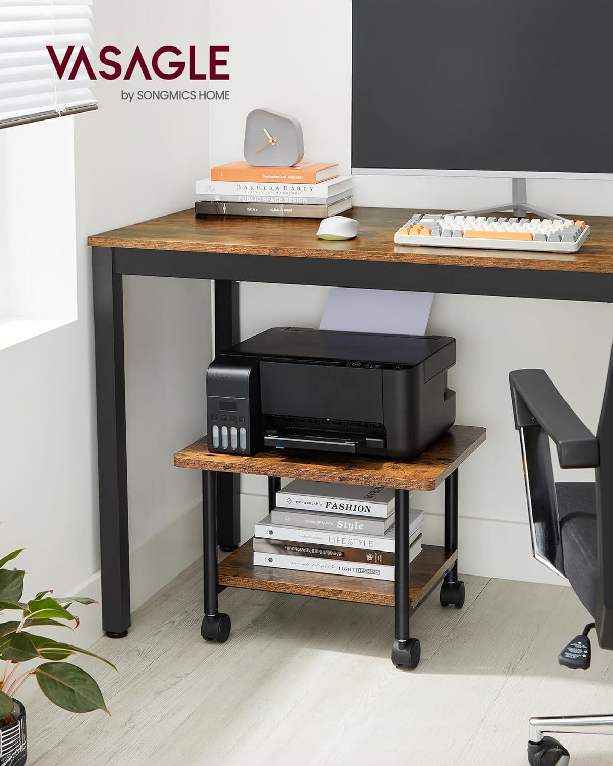 VASAGLE 2 Tier Industrial Desk Printer Stand, Rustic Brown and Black