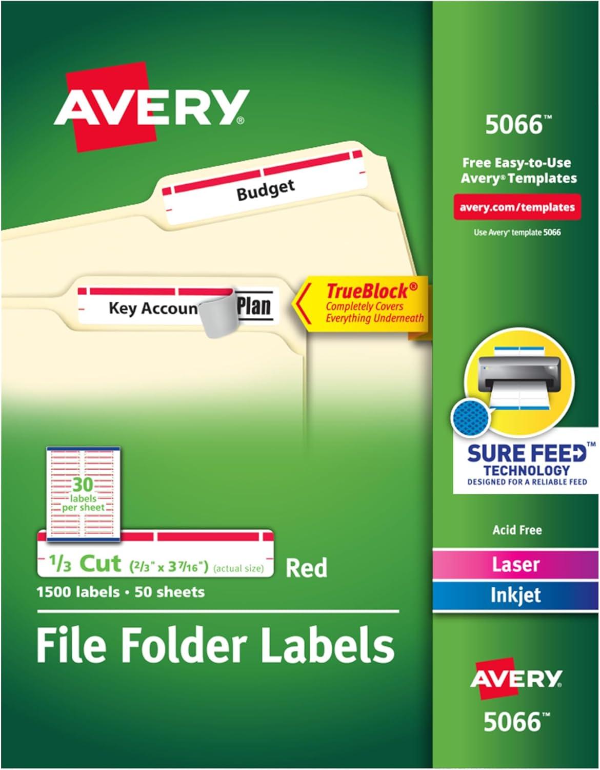 Avery File Folder Labels, 2/3" x 3-7/16", White/Red (5066)