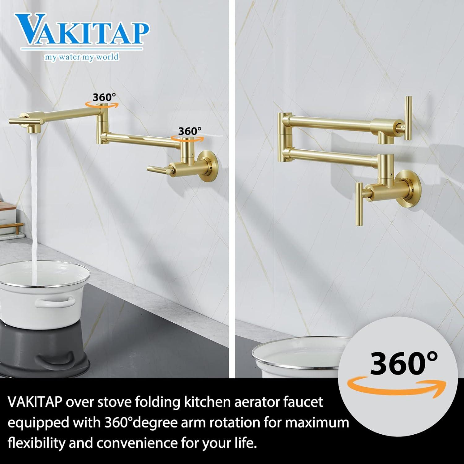 Havin Pot Filler Faucet Wall Mount,with Double Joint Swing Arms,Single Hole, 2 Handles with 2 cartridges to Control Water (Style A Brushed Gold)