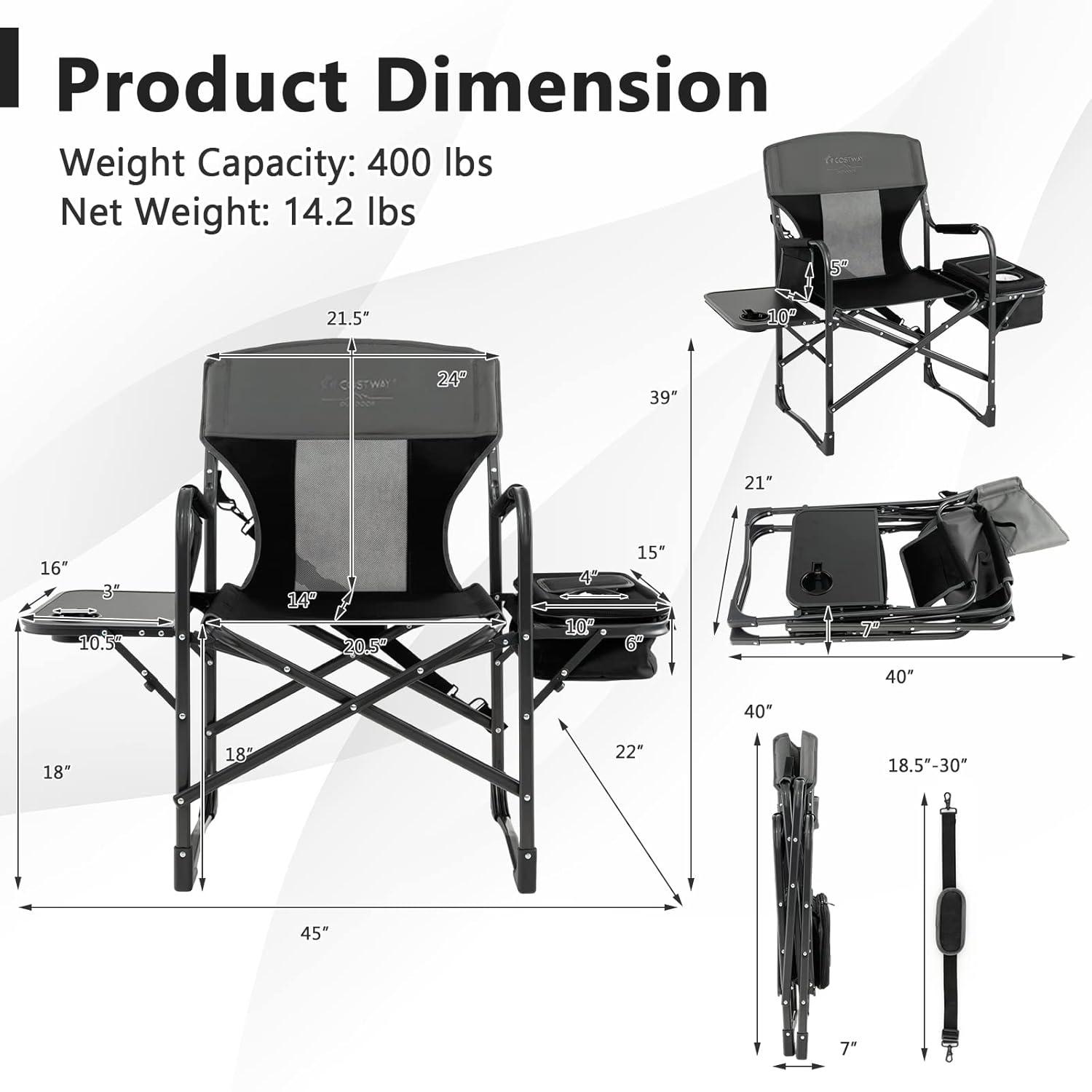 Topcobe Folding Camping Directors Chair with Cooler Bag and Side Table, Portable Chairs for Adults, Comfy Outdoor Chair, Black