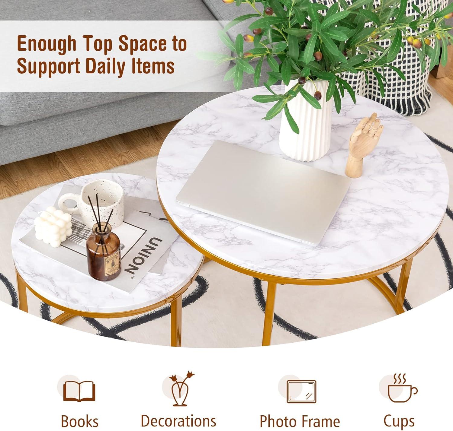 Costway Nesting Coffee Table Set of 2 for Balcony Living Room Modern Round Side Tables Rustic Brown