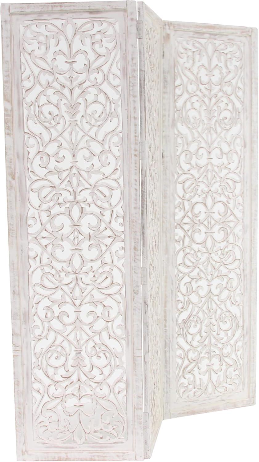 DecMode 60" x 69" White Wood Floral Handmade Hinged Foldable Partition 3 Panel Room Divider Screen with Intricate Carved Design, 1-Piece