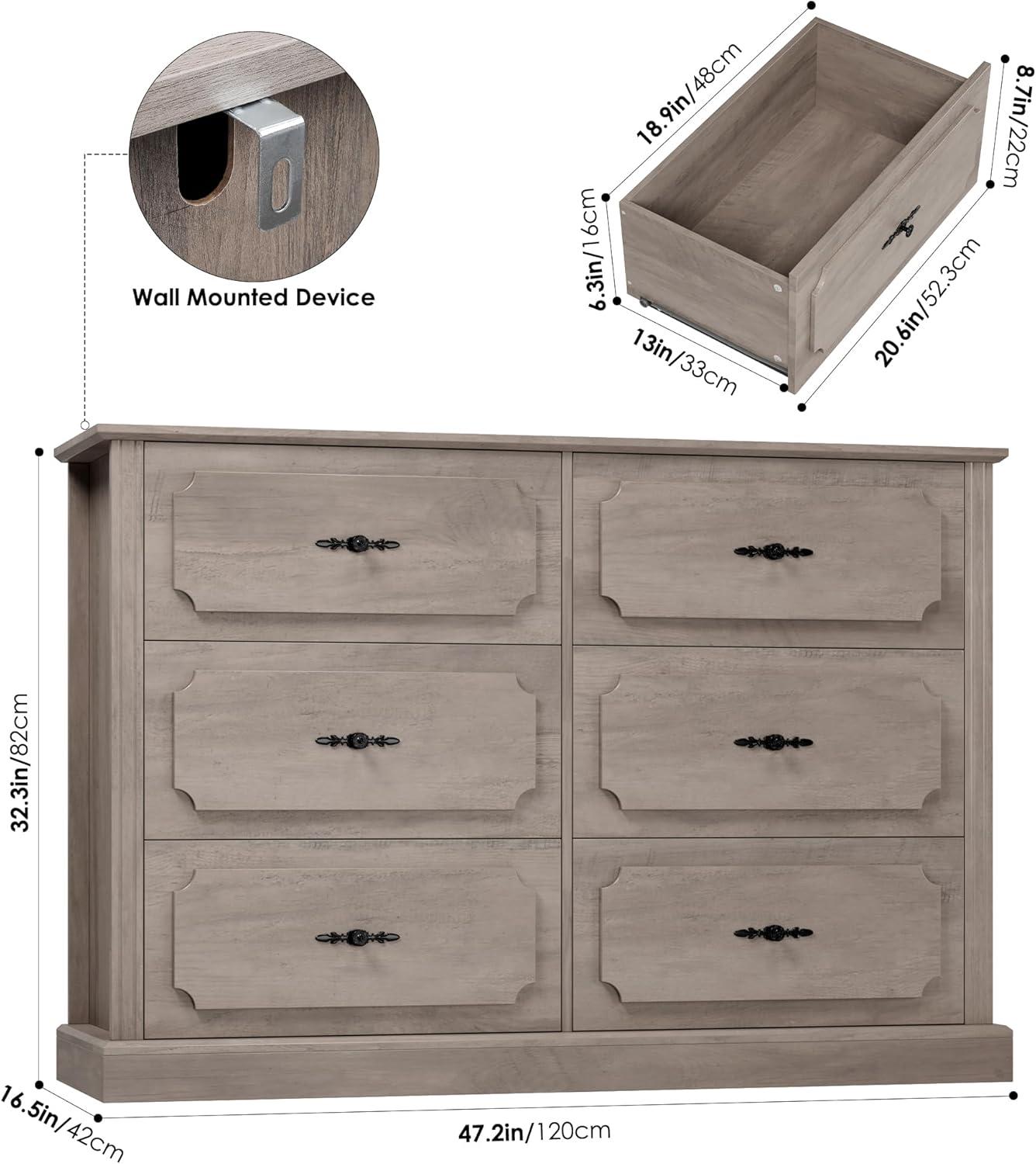 Litake Dresser for Bedroom with 6 Drawers, Wood Drawer Dresser Chest of Drawers for Closet, Living Room, Hallway, Nursery, Kids Bedroom, Light Grey