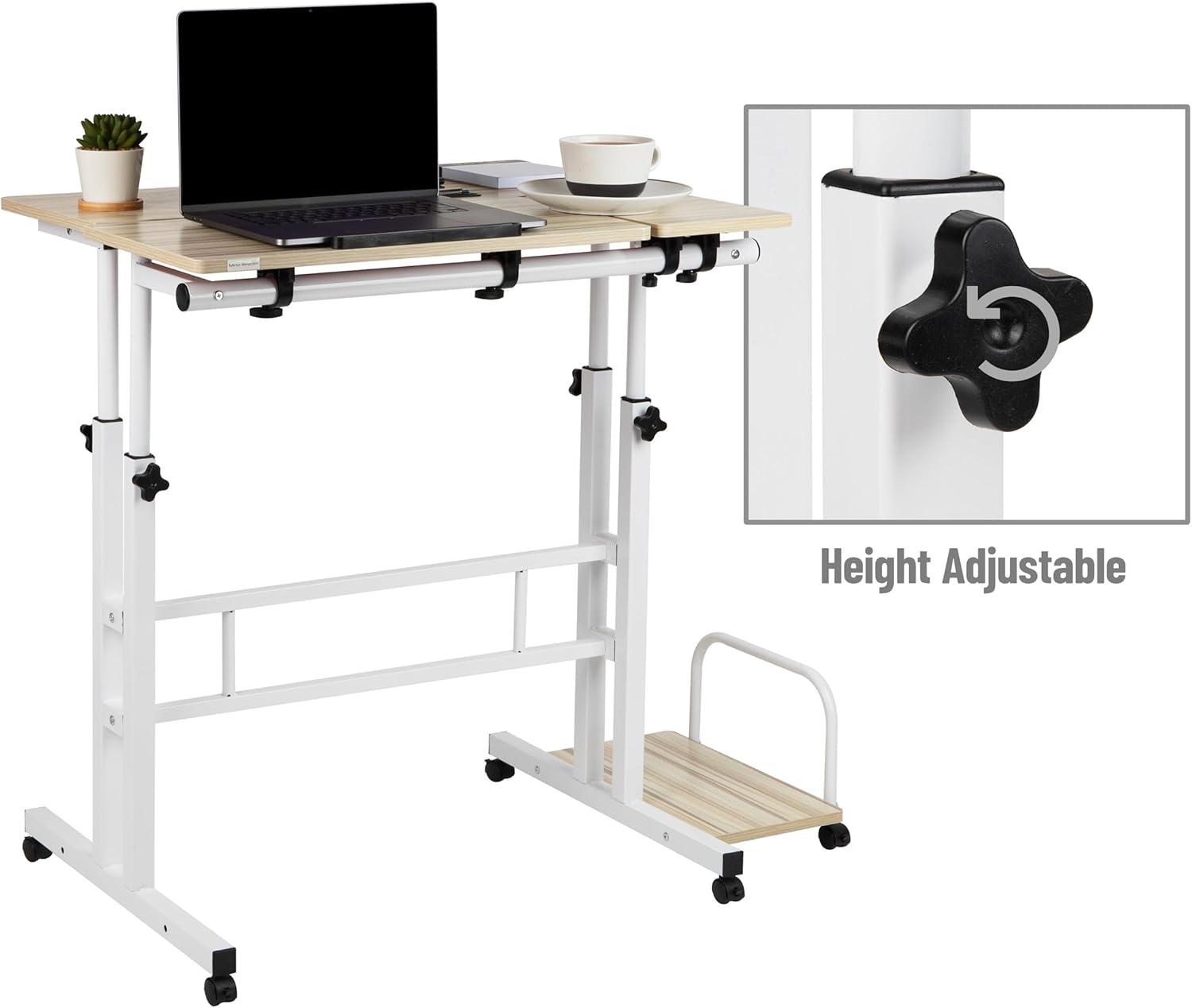 White Adjustable Height Mobile Standing Desk with Keyboard Tray