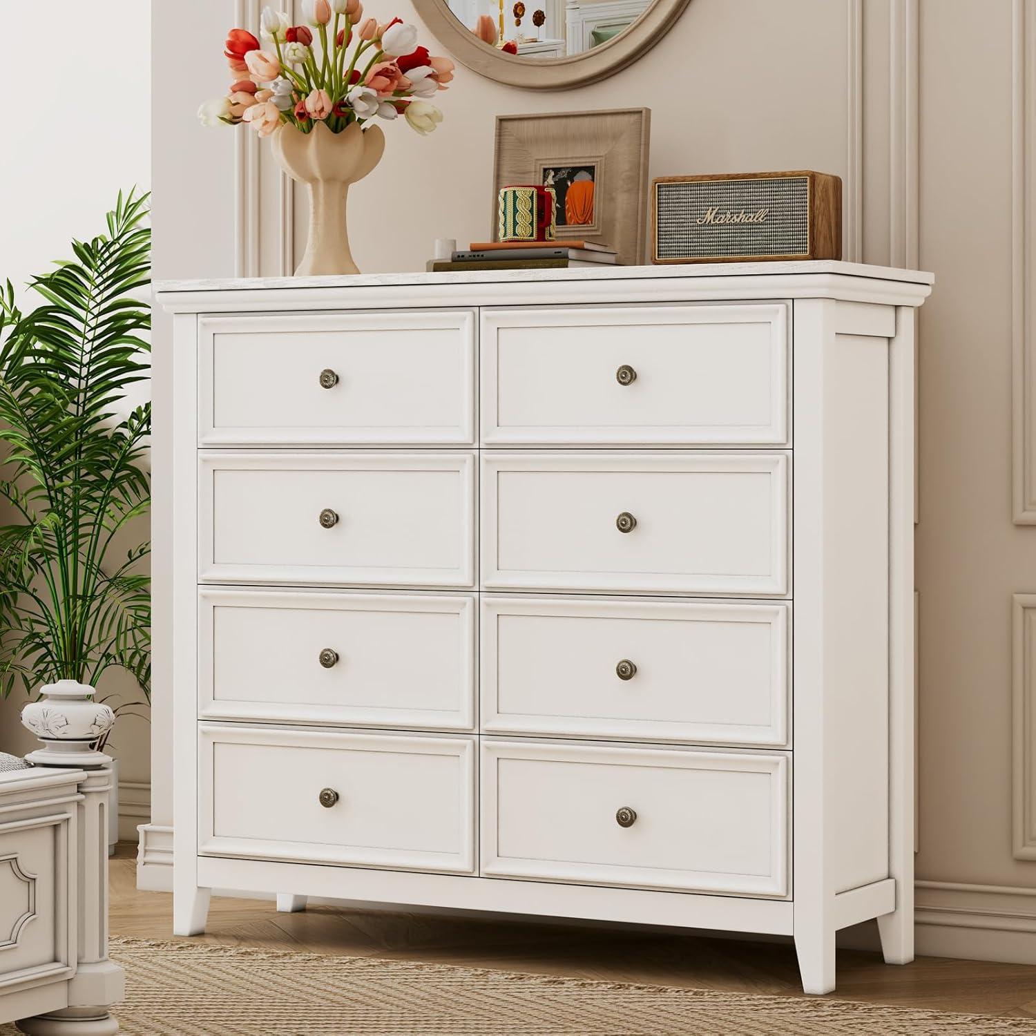 White 8-Drawer Tall Dresser with Brass Knobs