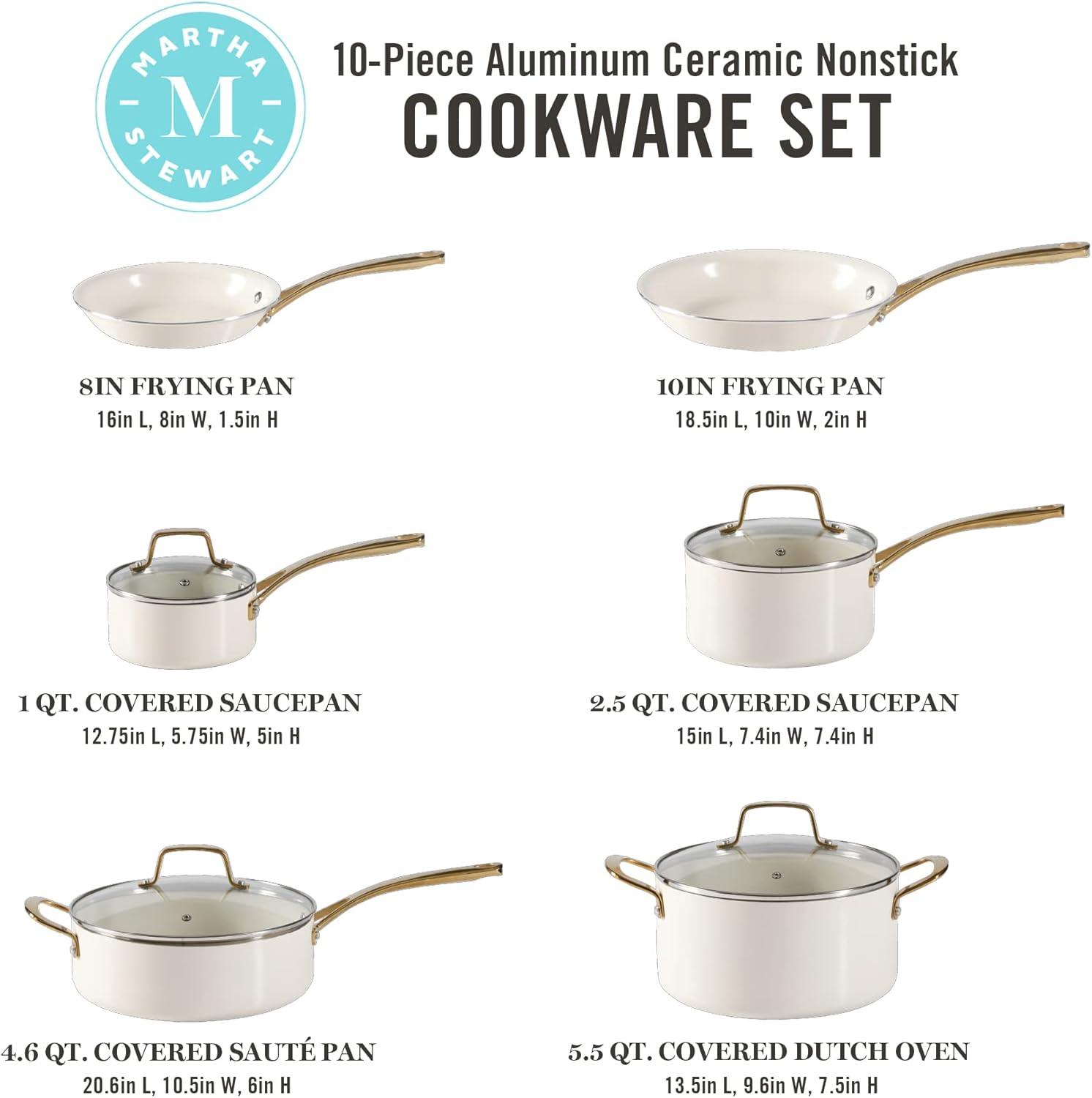 Martha Stewart 10pc Lockton Premium Nonstick Ceramic Enamel Aluminum Set Linen White: Skillets & Fry Pans, Cooktop Compatible