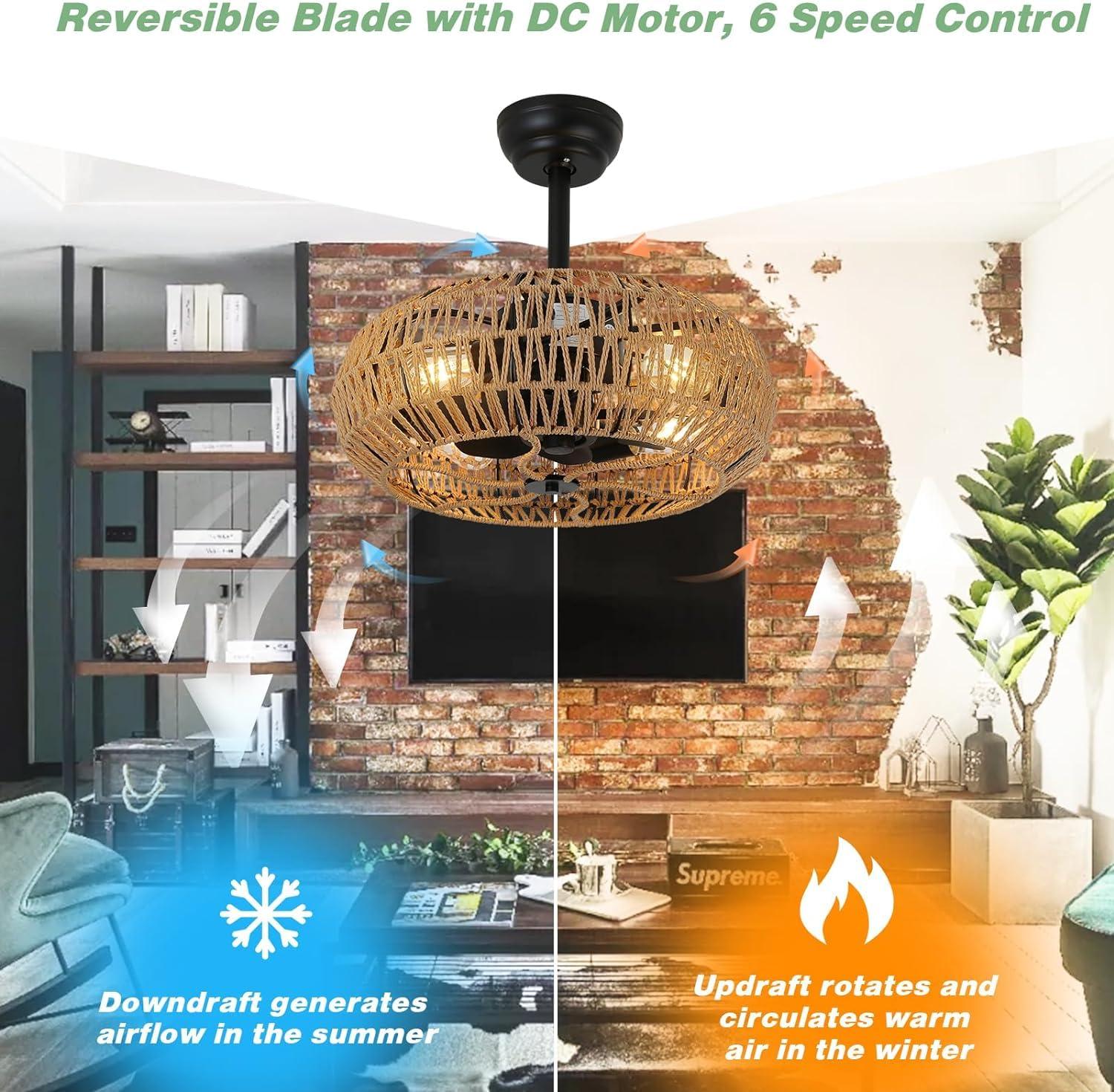20'' Boho Rattan Caged Ceiling Fan with Light and Remote, Farmhouse Flush Mount Boho Ceiling Fan Light Low Profile Bladeless Ceiling Fan Timing 6 Speeds Reversible, Brown