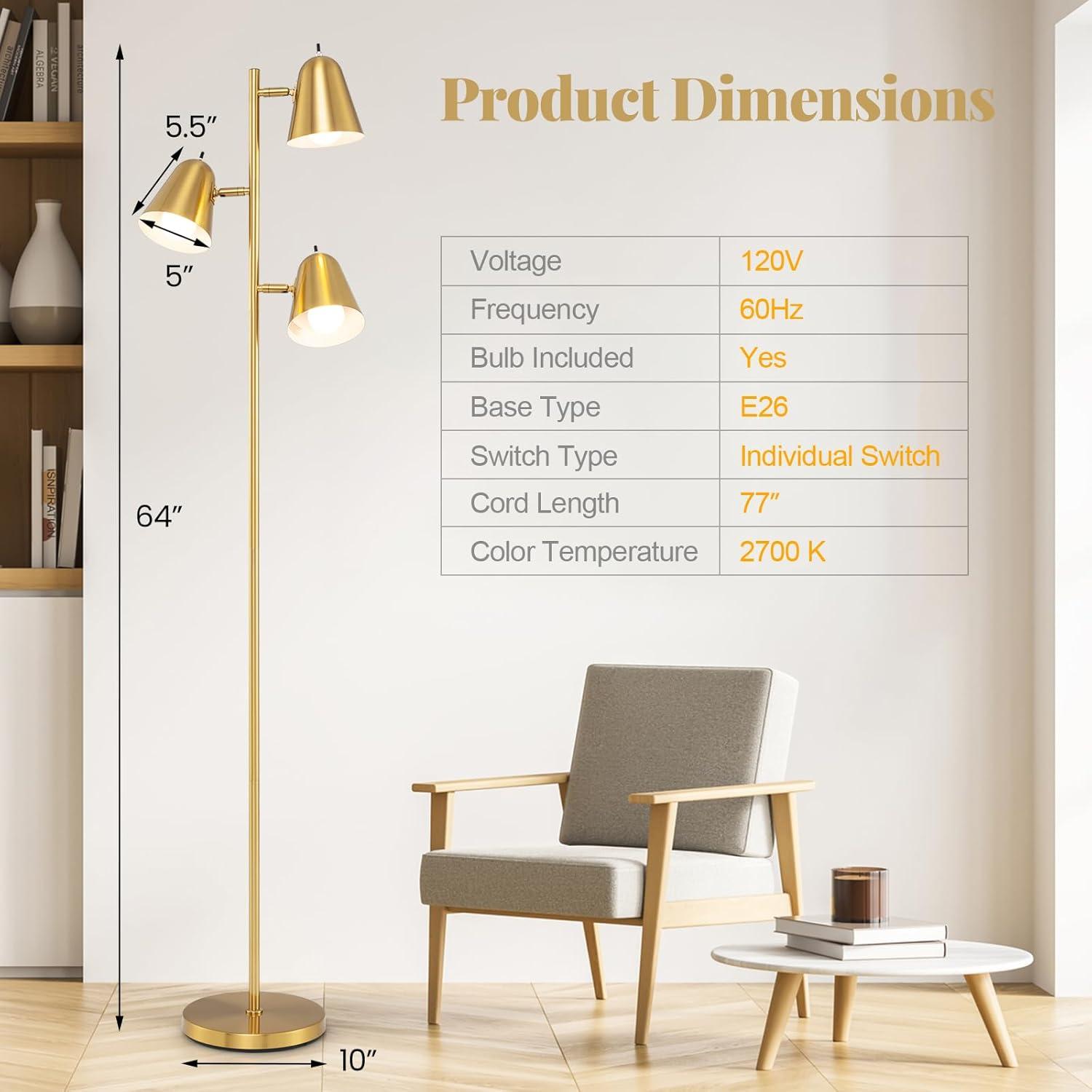 Tangkula 64" Mid Century Modern Floor Lamp 3 Light Tree, Standing Tall Pole Lamp w/ 3 LED Bulbs & Adjustable Heads (Antique Brass)