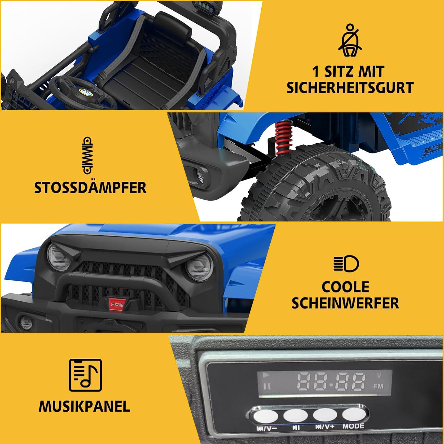 Ride on Truck Car 12V Kids Electric Vehicles with Remote Control Spring Suspension, LED Lights, Bluetooth, 2 Speeds
