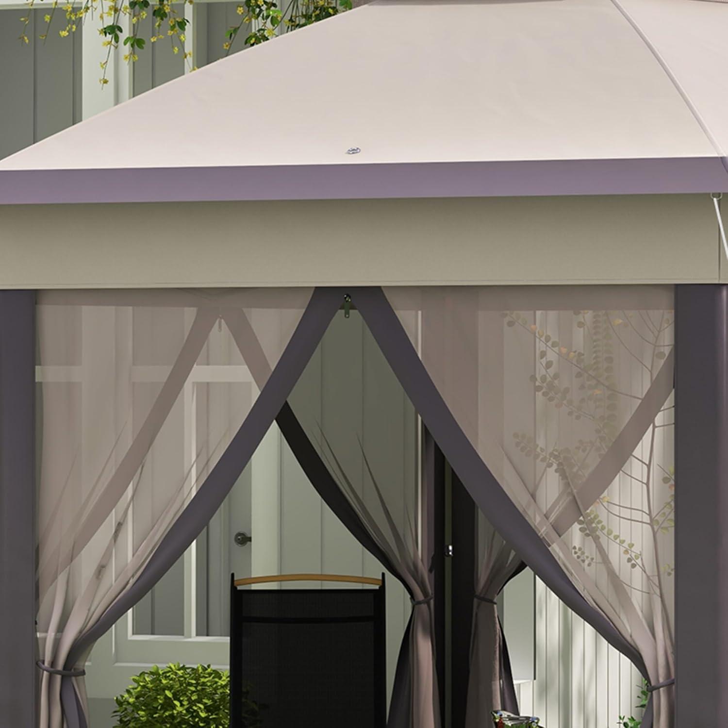 Hexagonal Coffee and Beige Steel Frame Pop-Up Gazebo with Mesh Netting