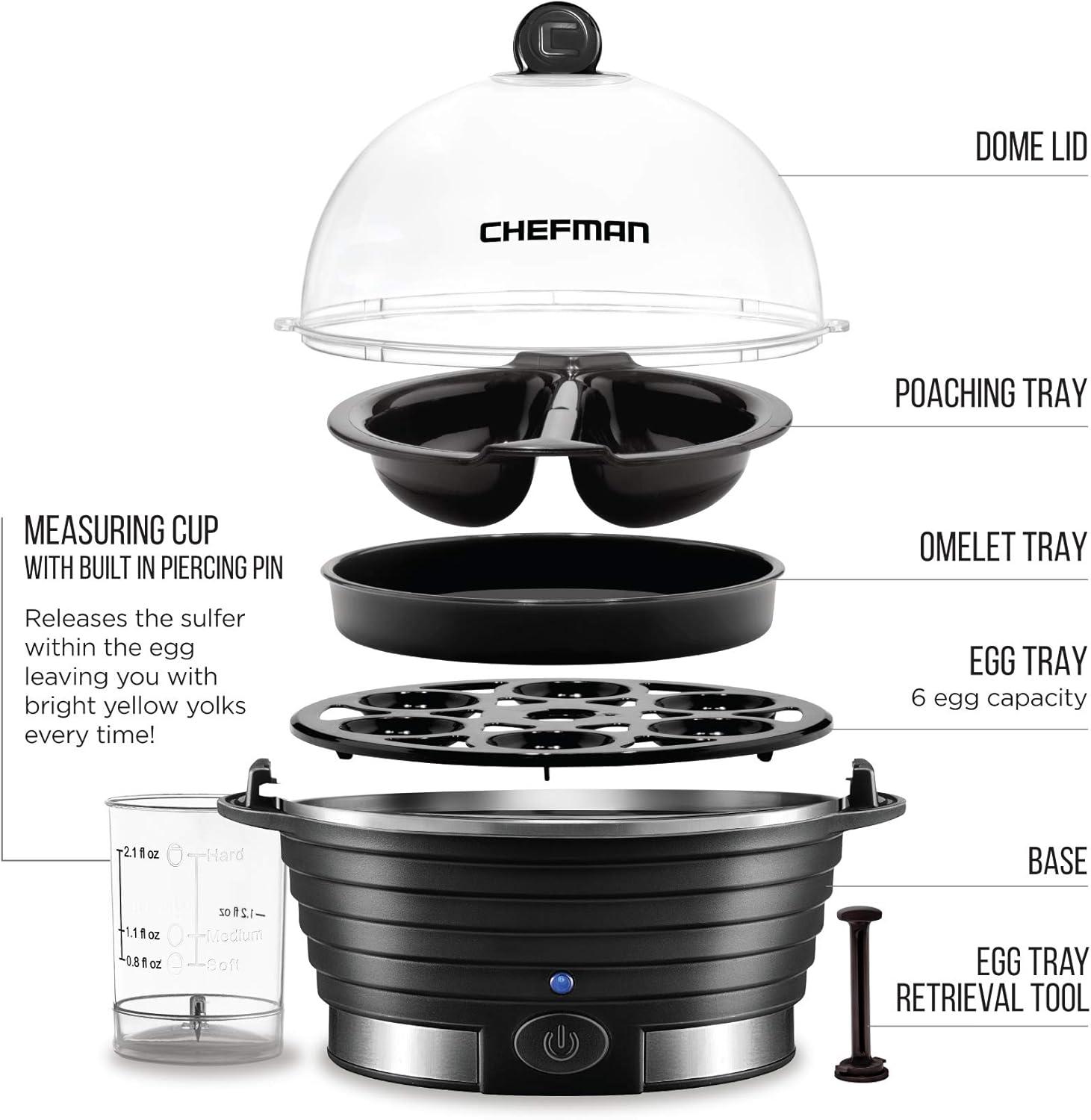 Chefman Rapid Egg Cooker, 6 Egg Capacity w/ Removable Poaching/Omelette Tray - Black, New