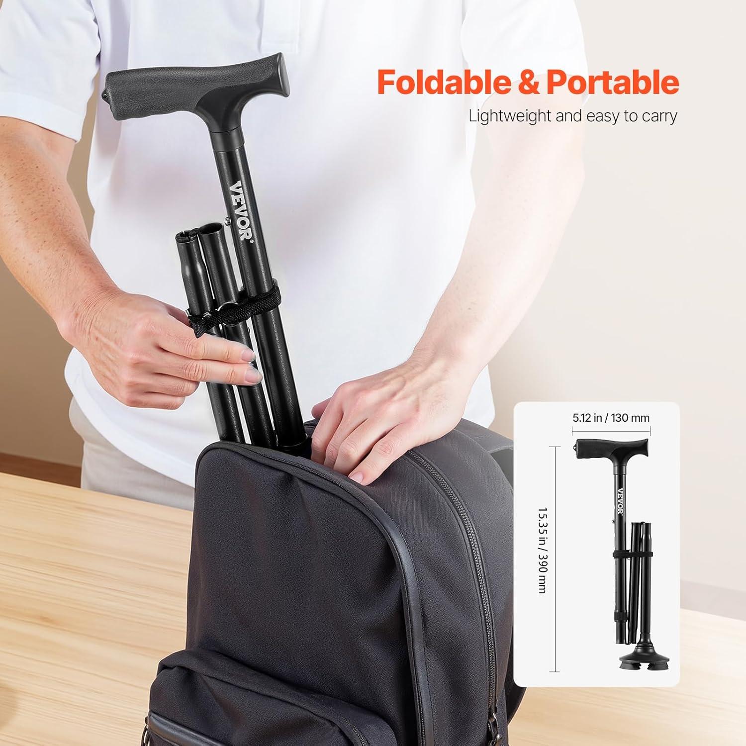 VEVOR Walking Cane for Man Woman, Folding Walking Stick with 8-Level Adjustable Height, 4-Pronged Pivoting Base, Lightweight & Portable Aluminum Mobility Aid for Seniors Adults, 250LBS Loading(Black)