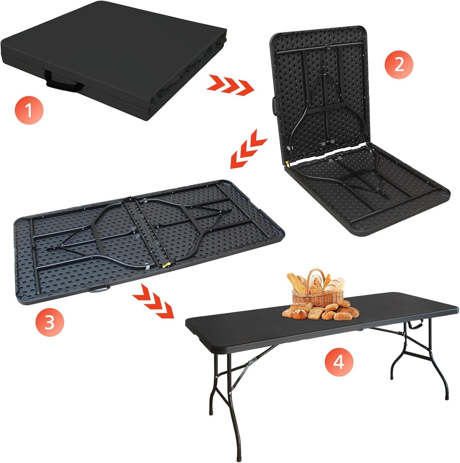 6ft Folding Table, Portable Plastic Table for Camping, Picnics, Parties, High Load Bearing Foldable Table Black