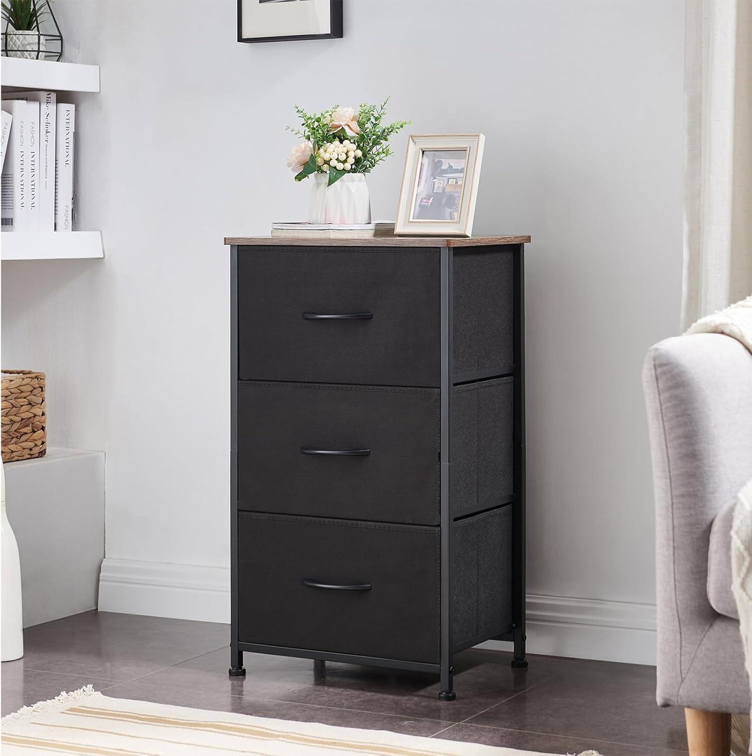 Black Rustic Brown Vertical 3-Drawer Fabric Storage Chest