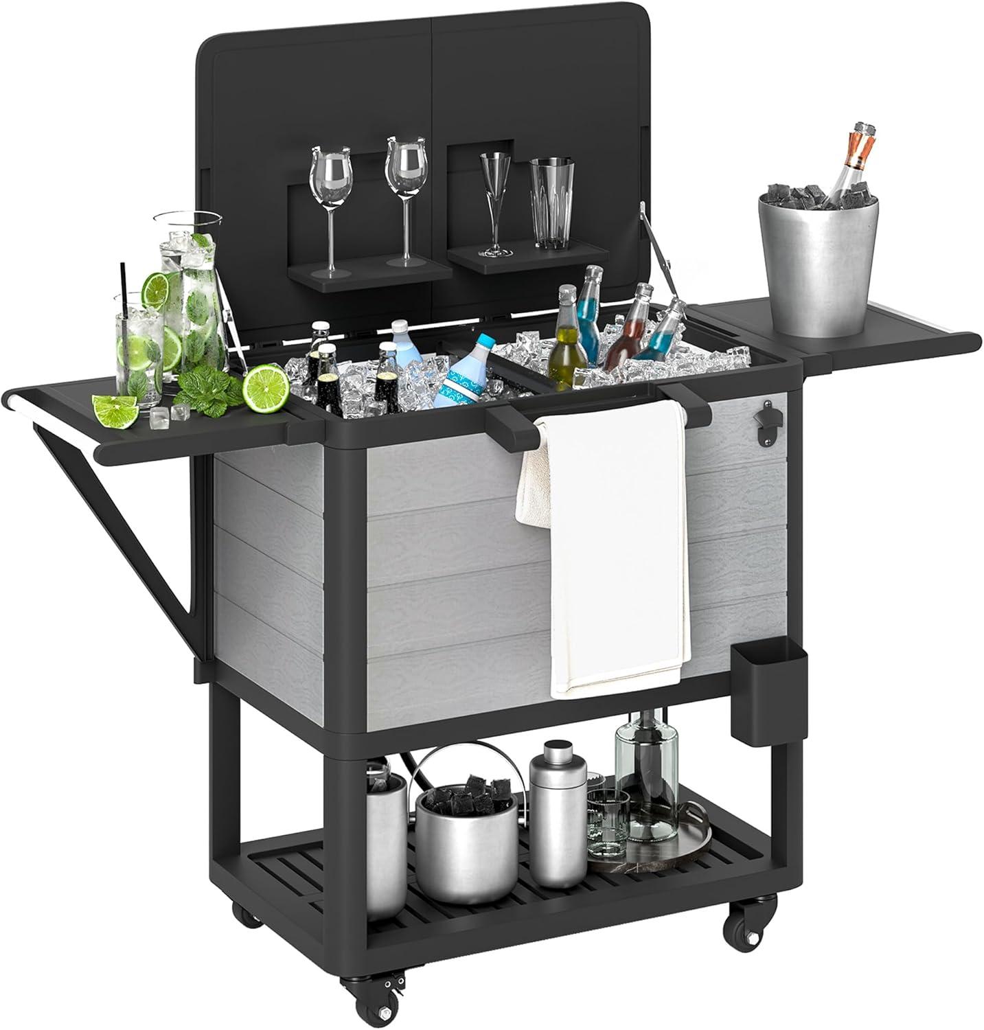 Outsunny 104 Quart Patio Cooler Cart, Outdoor Beverage Rolling Ice Chest with Bottle Opener and Shelves for Pool Deck BBQ Cookouts Party, Gray