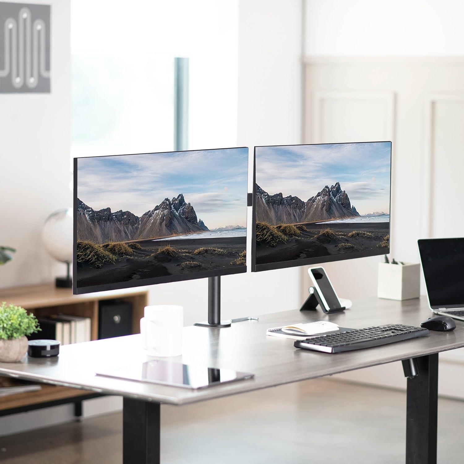 Black Dual Monitor Desk Mount with Adjustable Arms for 32" Screens