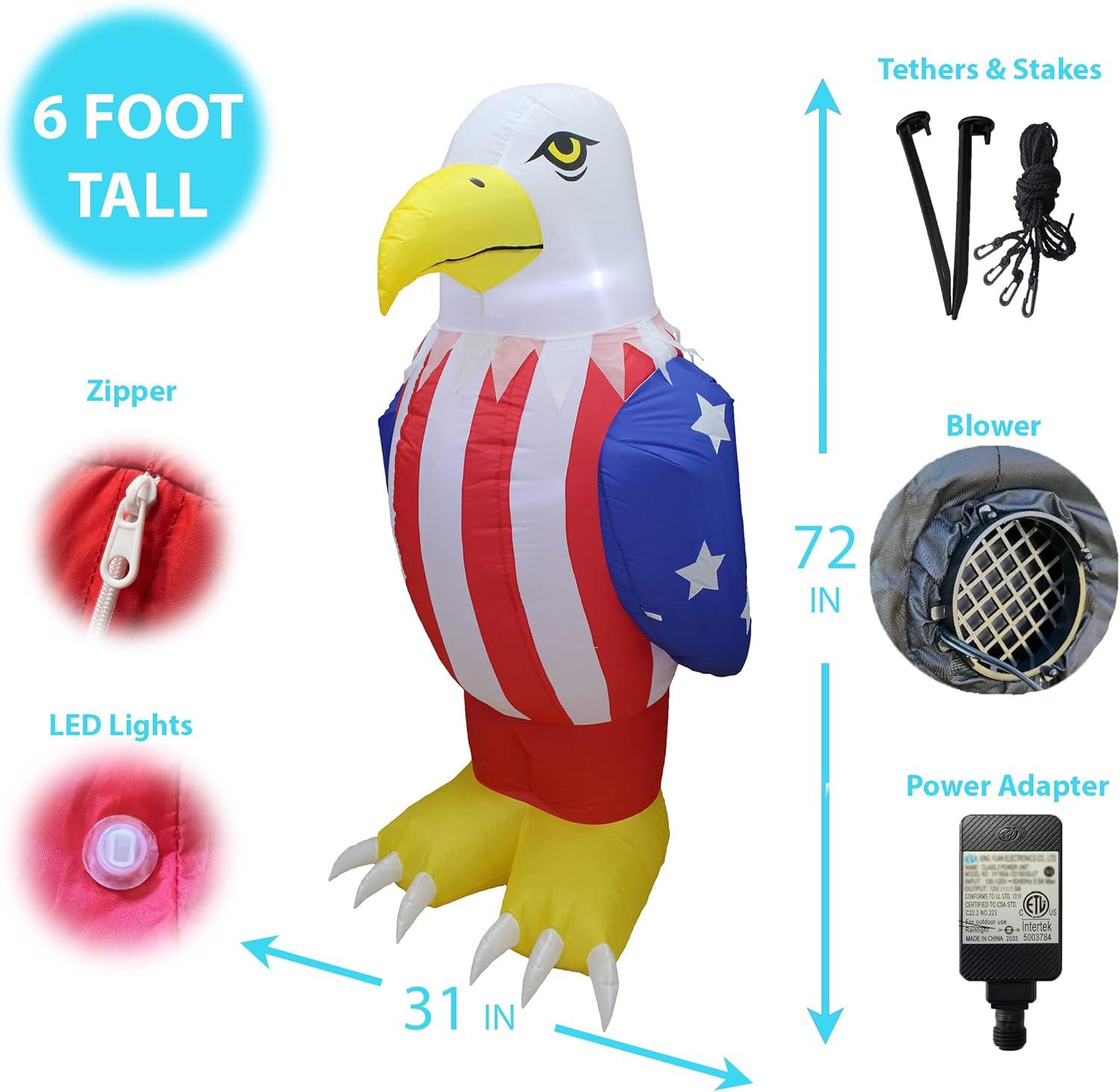 6 Foot Tall Patriotic Multicolor Inflatable Bald Eagle Decoration