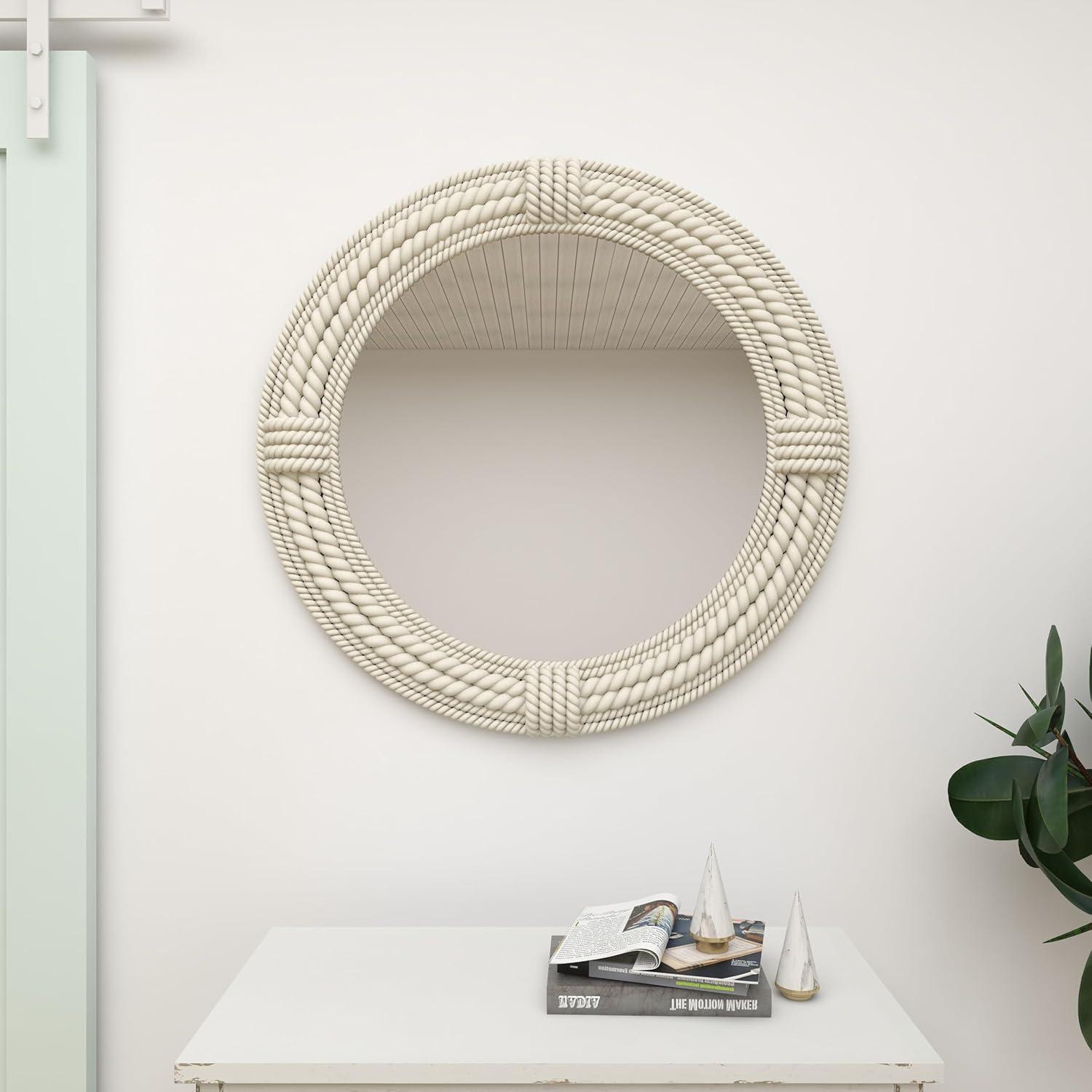 DecMode 36" x 36" White Coiled Rope Wall Mirror with Wrapped Rope Accents